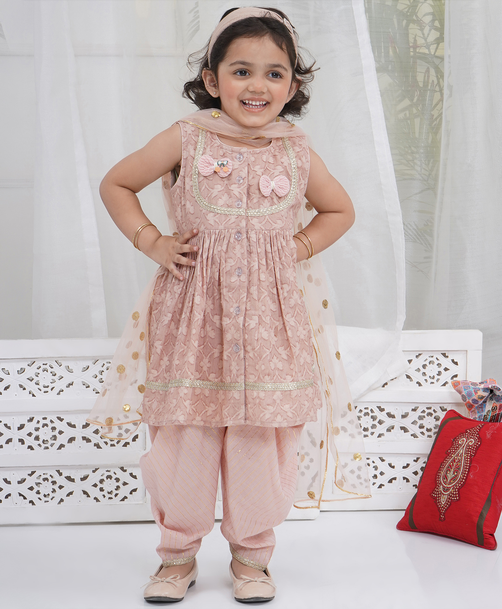 Little Bansi Cotton Knit Sleeveless Floral Self Weaving Kurta with Bow Applique & Salwar with Dupatta - Tan-picture-9