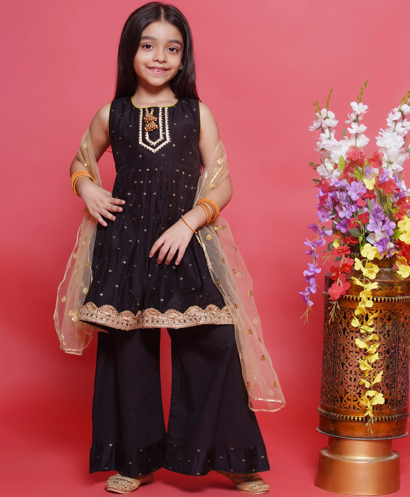 Little Bansi Chanderi Cotton Woven Sleeveless Zari Boota & Lace Embellished Kurta with Palazzo and Dupatta - Black-image-24