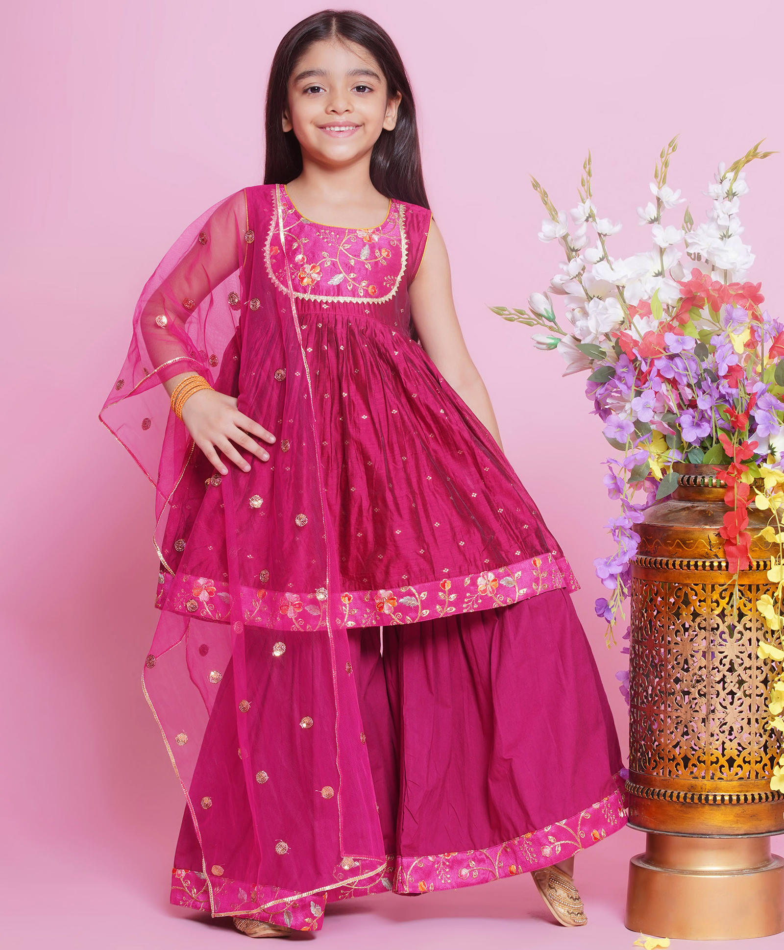 Little Bansi Chanderi Silk Woven Sleeveless Floral & Zari Embroidery Kurta with Sharara & Dupatta - Dark Pink-image-23