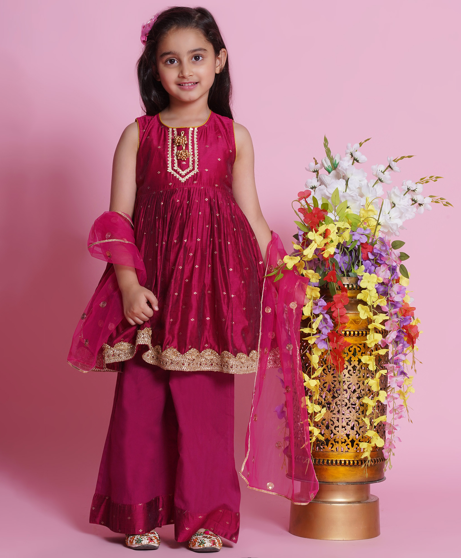 Little Bansi Chanderi Cotton Woven Sleeveless Zari Boota & Lace Embellished Kurta with Palazzo and Dupatta - Dark Pink-picture-17