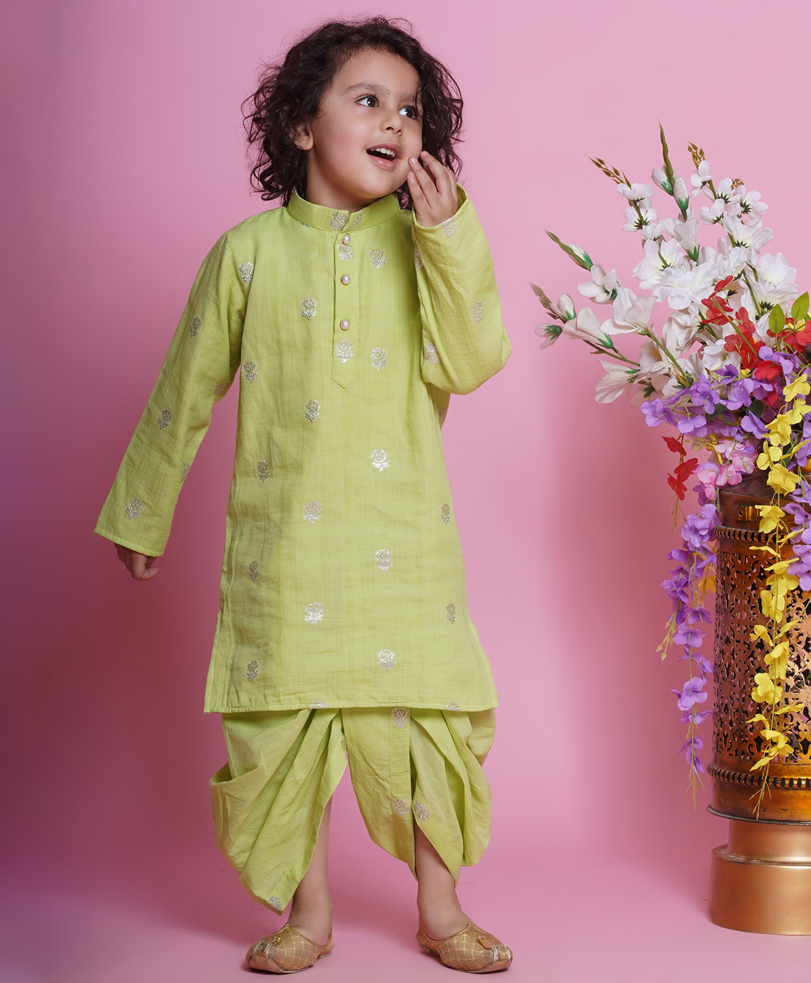 Little Bansi Cotton Woven Full Sleeves Rose Zari Embroidered Kurta with Dhoti - Light Green-picture-15
