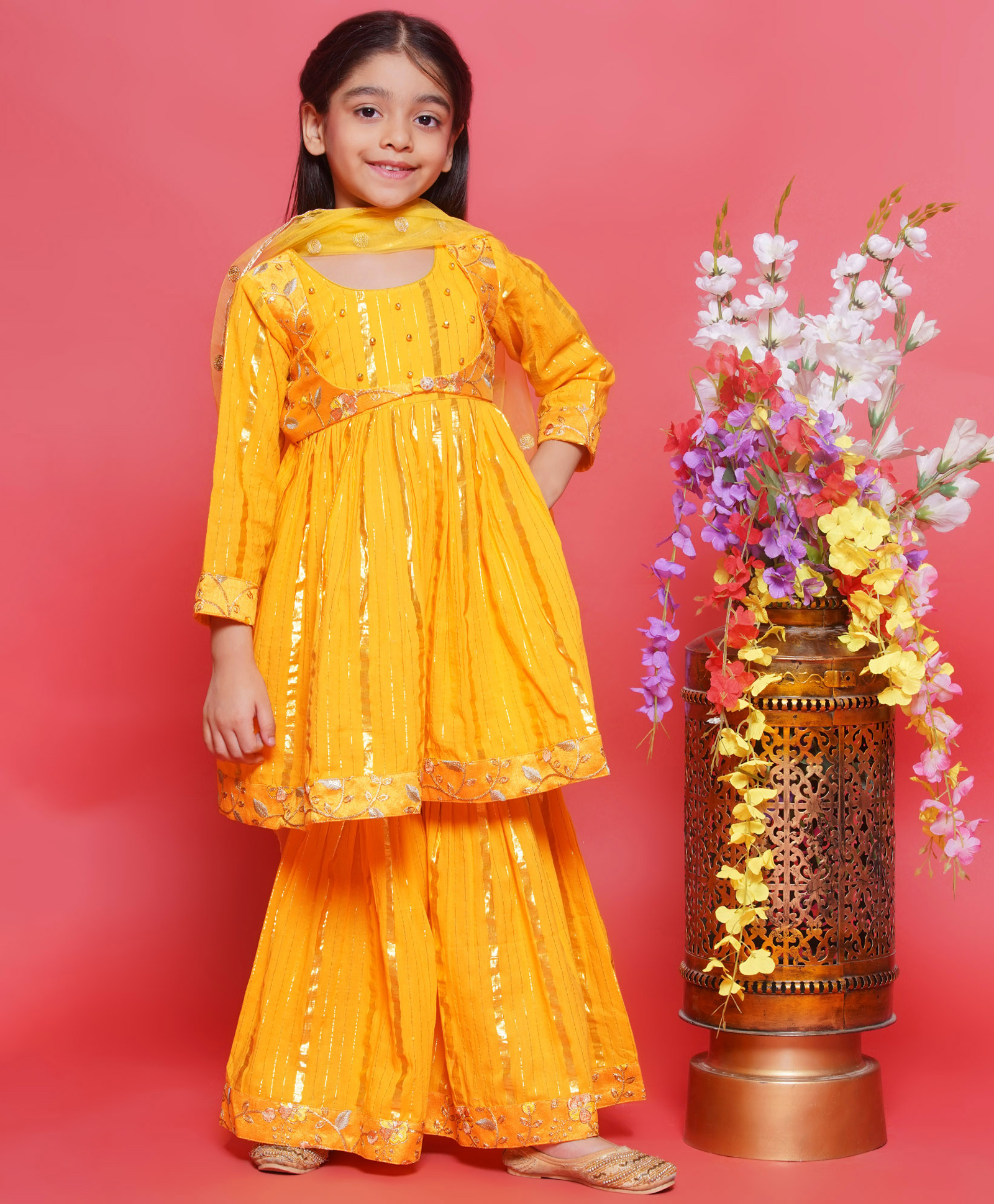 Little Bansi Cotton Woven Three Fourth Sleeves Floral Embroidered Kurta Sharara with Jacket & Dupatta - Yellow-image-30