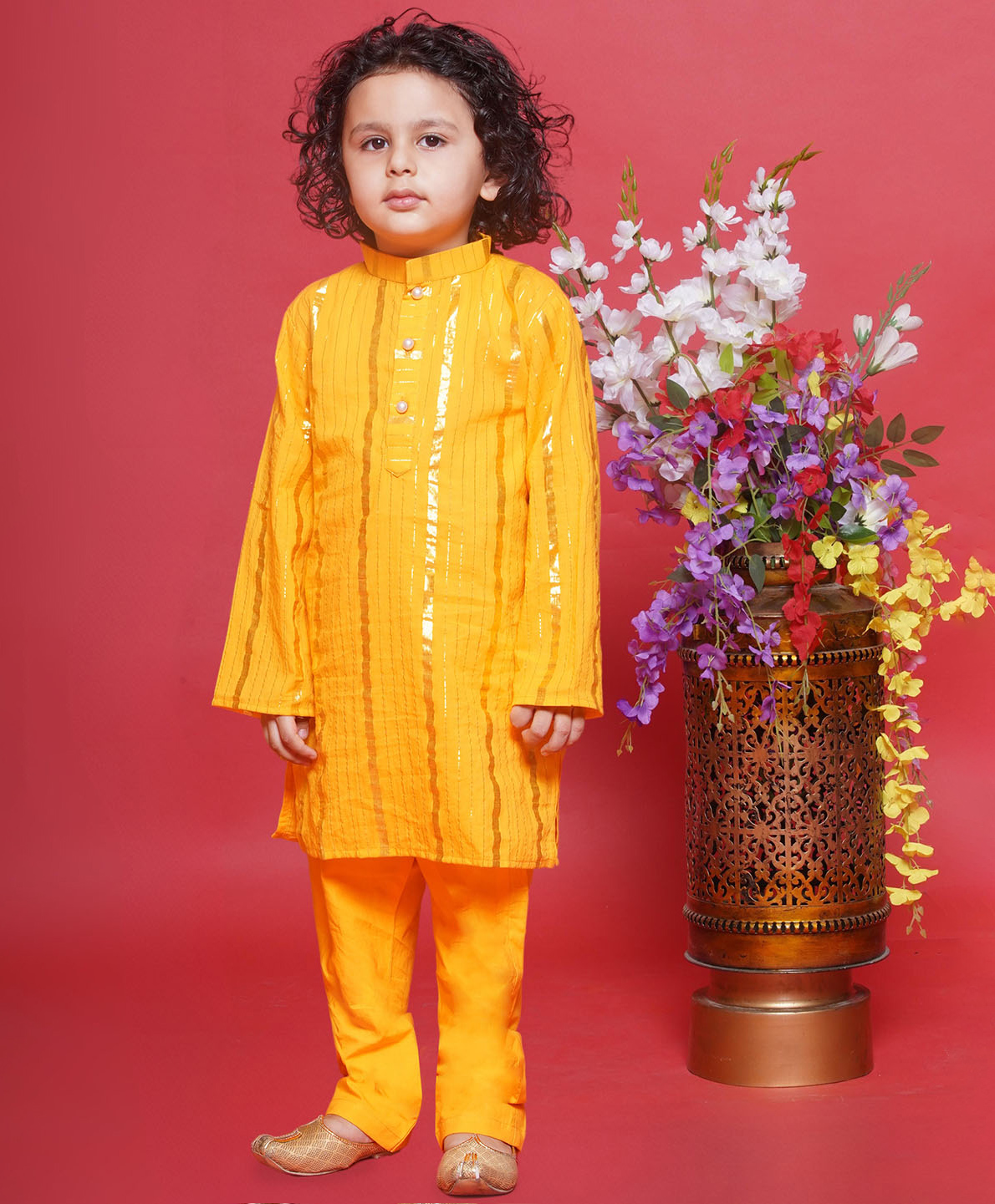Little Bansi Cotton Woven Full Sleeves Zari Striped Kurta with Pyjama -Yellow-picture-23
