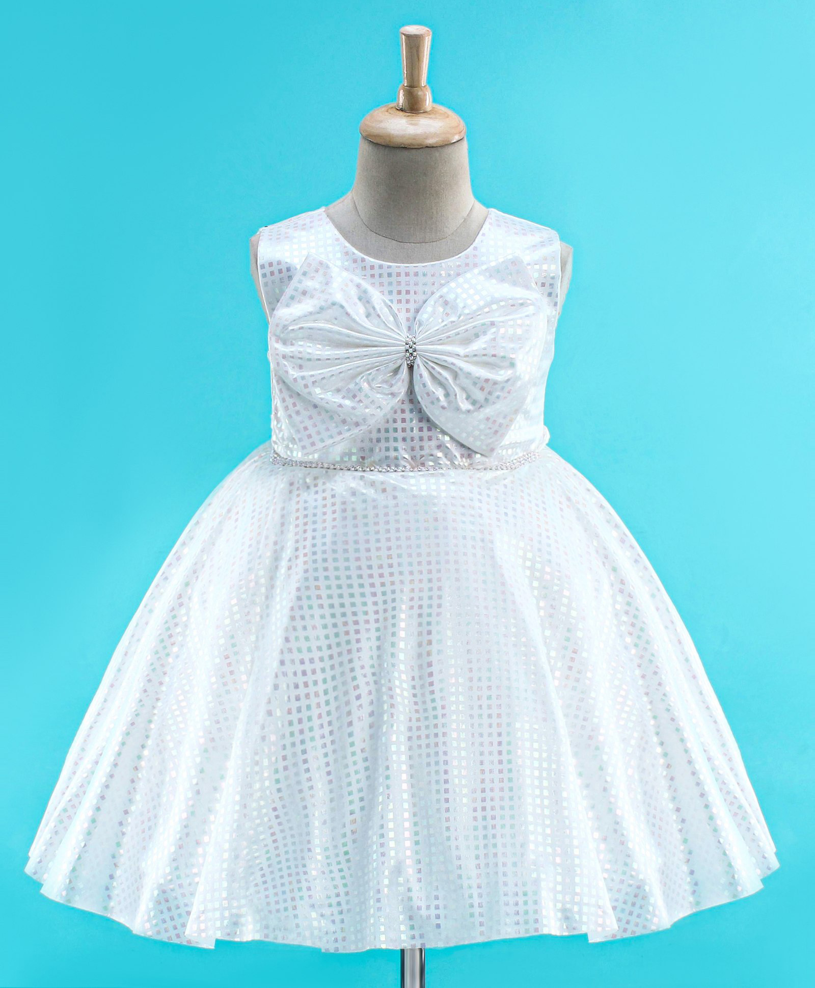 Enfance Net Woven Sleeveless Party Dress With Bow Applique - White-picture-25