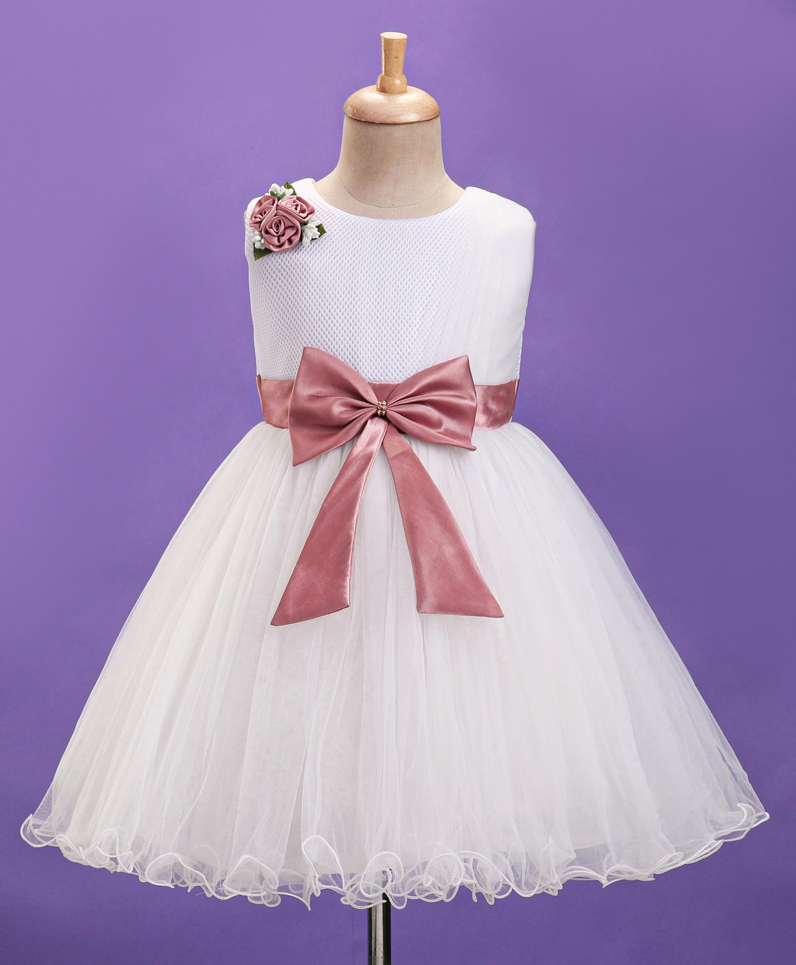 Enfance Net Woven Sleeveless Solid Party Dress With Bow Applique & Corsage - Brown & White-image-48