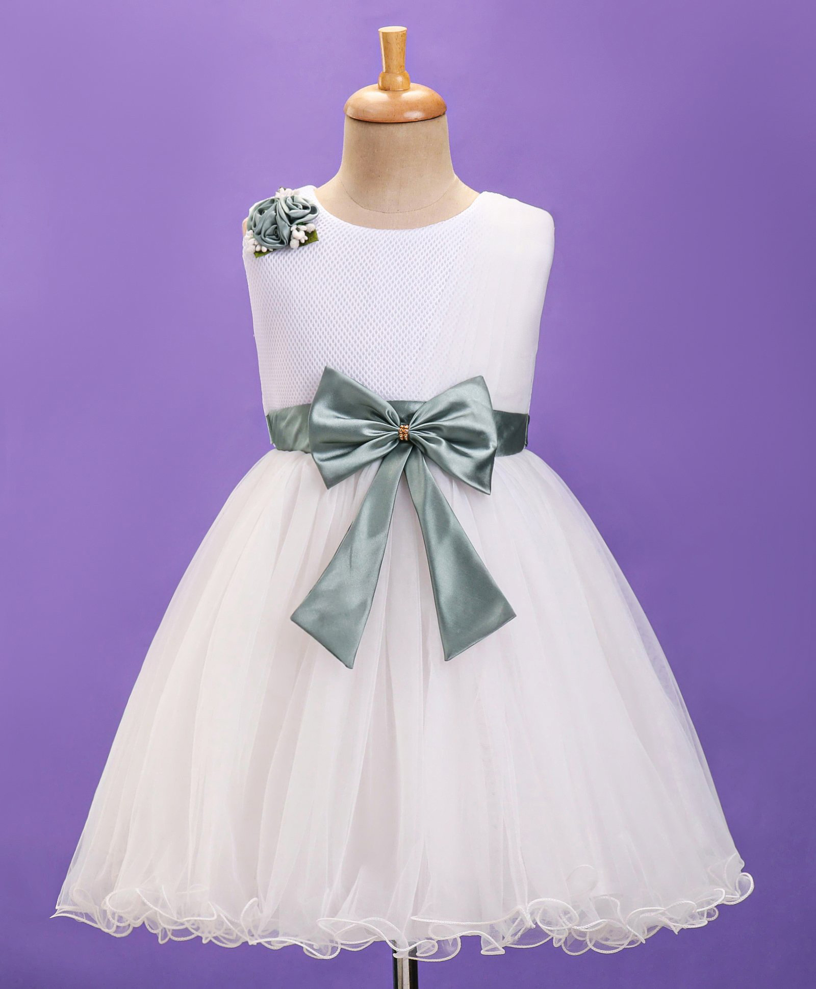 Enfance Net Woven Sleeveless Solid Party Dress With Bow Applique & Corsage - Grey & White-picture-18
