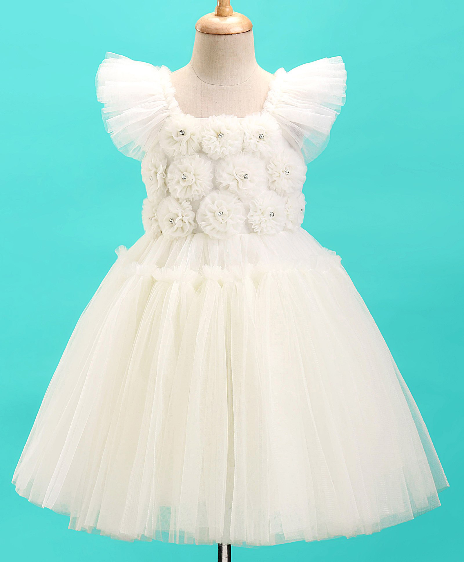Enfance Net Woven Half Sleeves Solid Party Dress With Floral Applique - OffWhite-picture-48