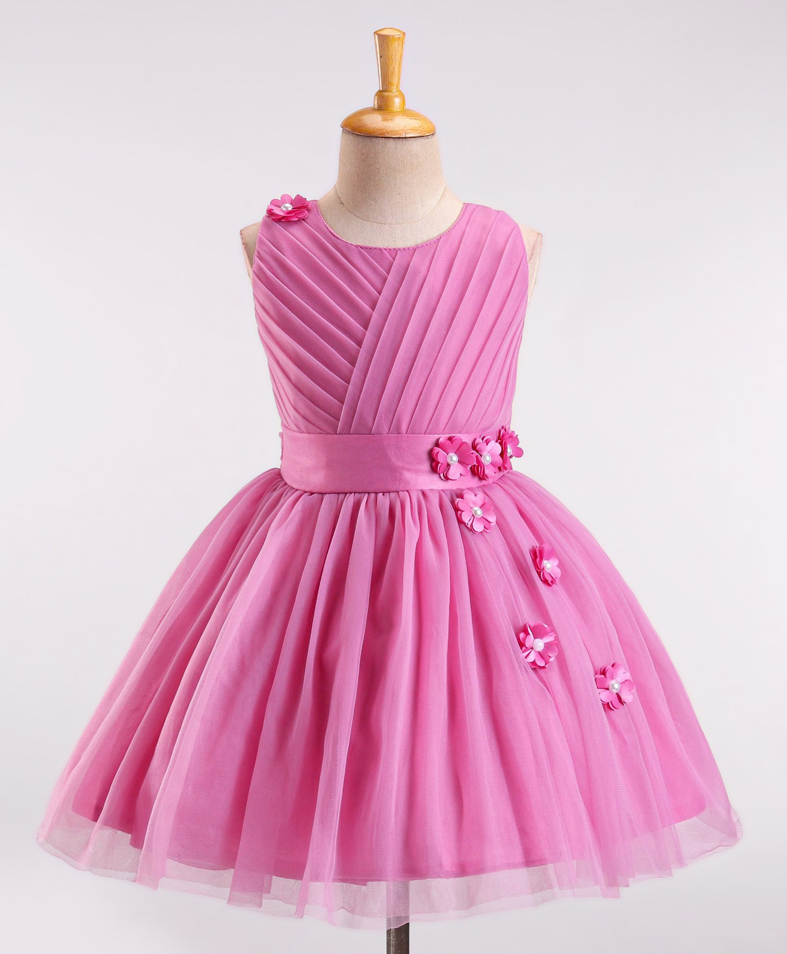 Enfance Net Woven Sleeveless Solid Party Dress With Floral Applique - Pink-image-44