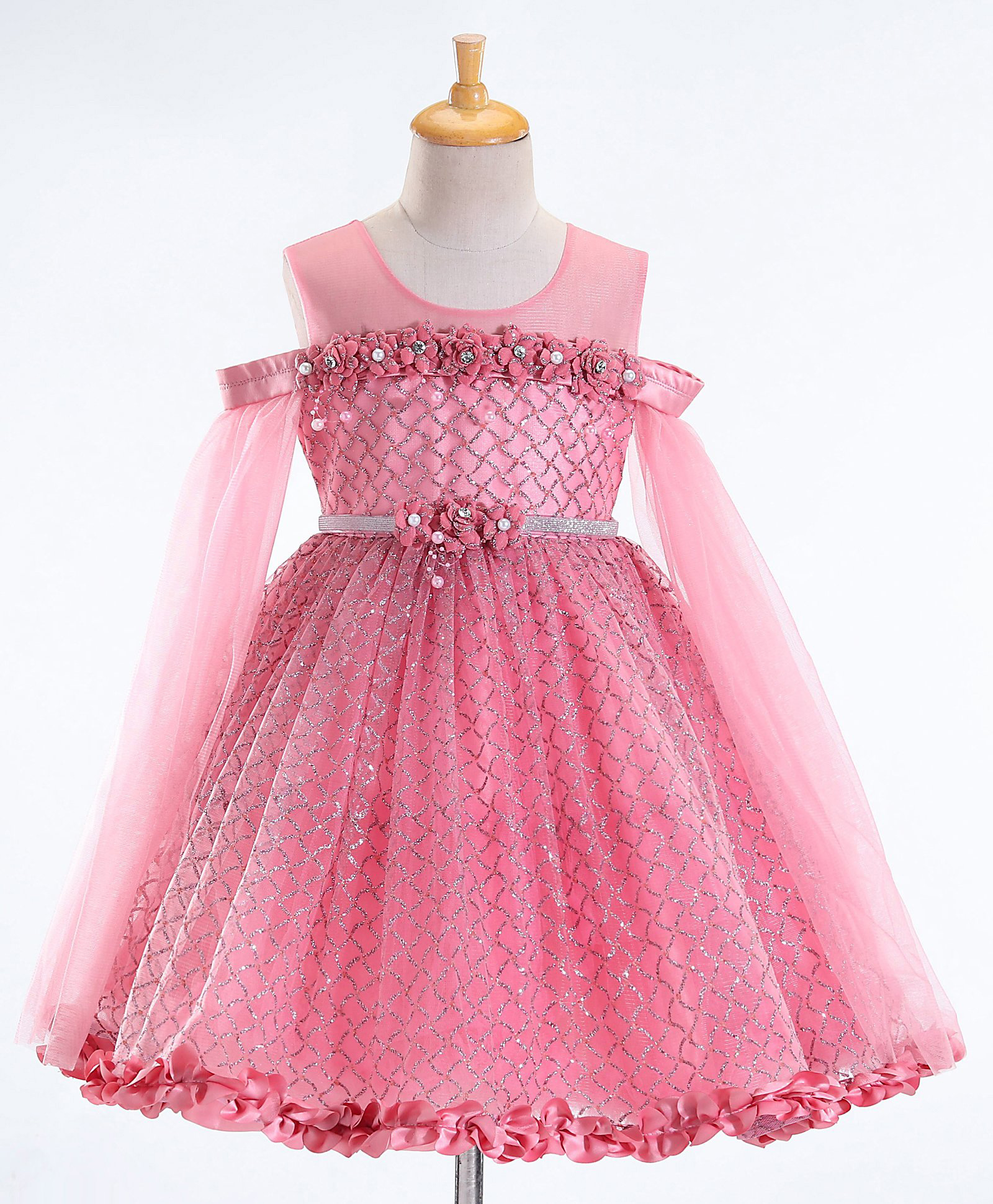 Enfance Net Woven Sleeveless Glitter Printed Party Dress With Corsage - Pink-picture-31