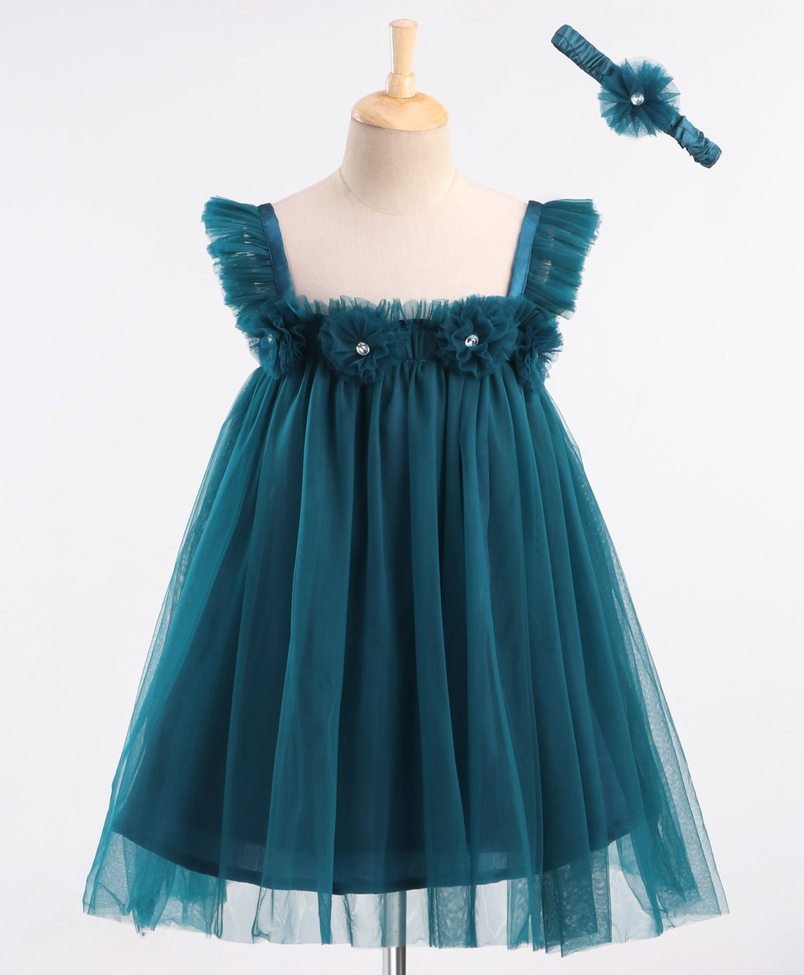 Enfance Net Woven Sleeveless Party Dress With Floral Applique & Headband - Teal Blue-picture-10