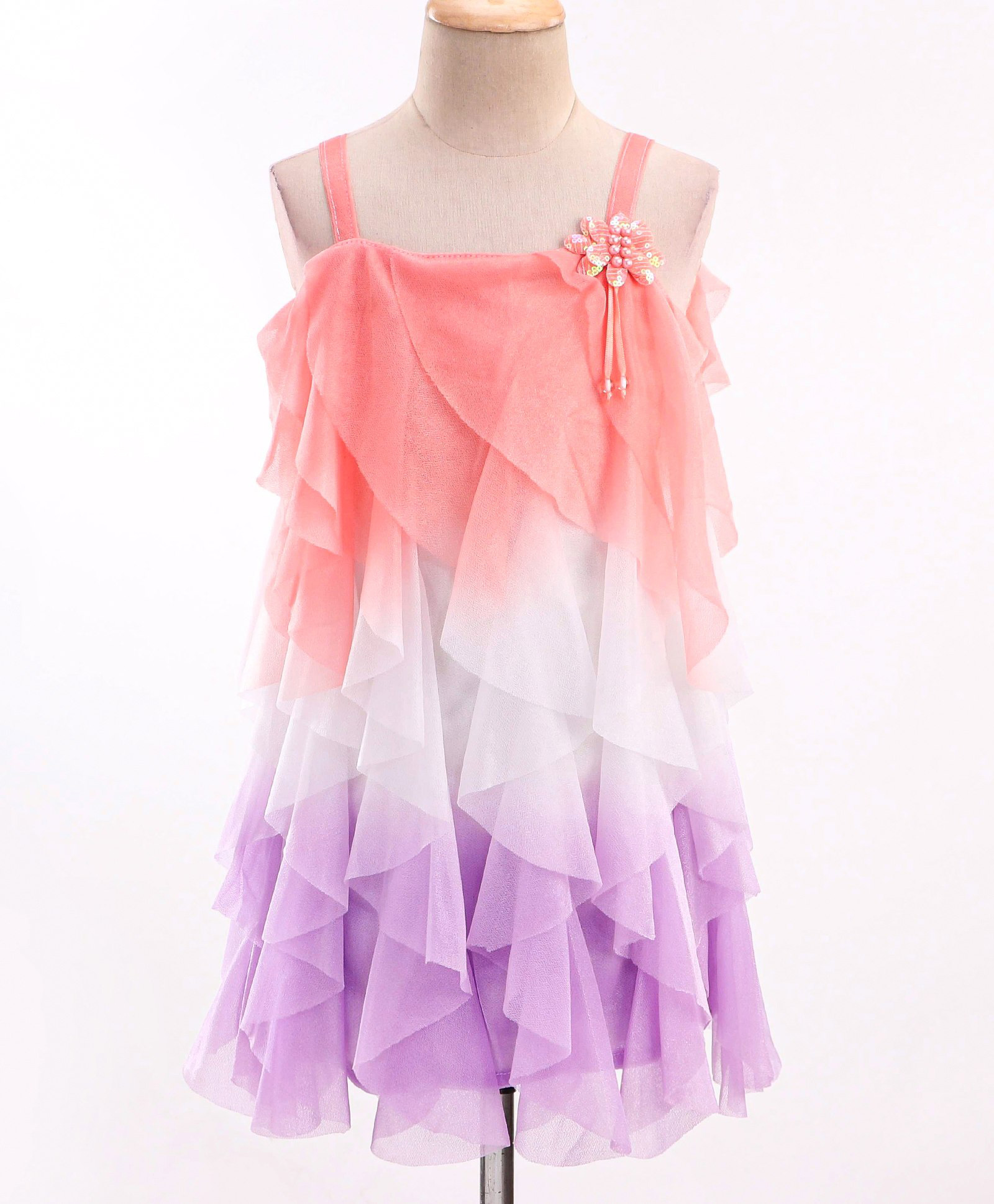 Enfance Net Woven Sleeveless Solid Party Dress With Floral Applique - Peach-picture-26