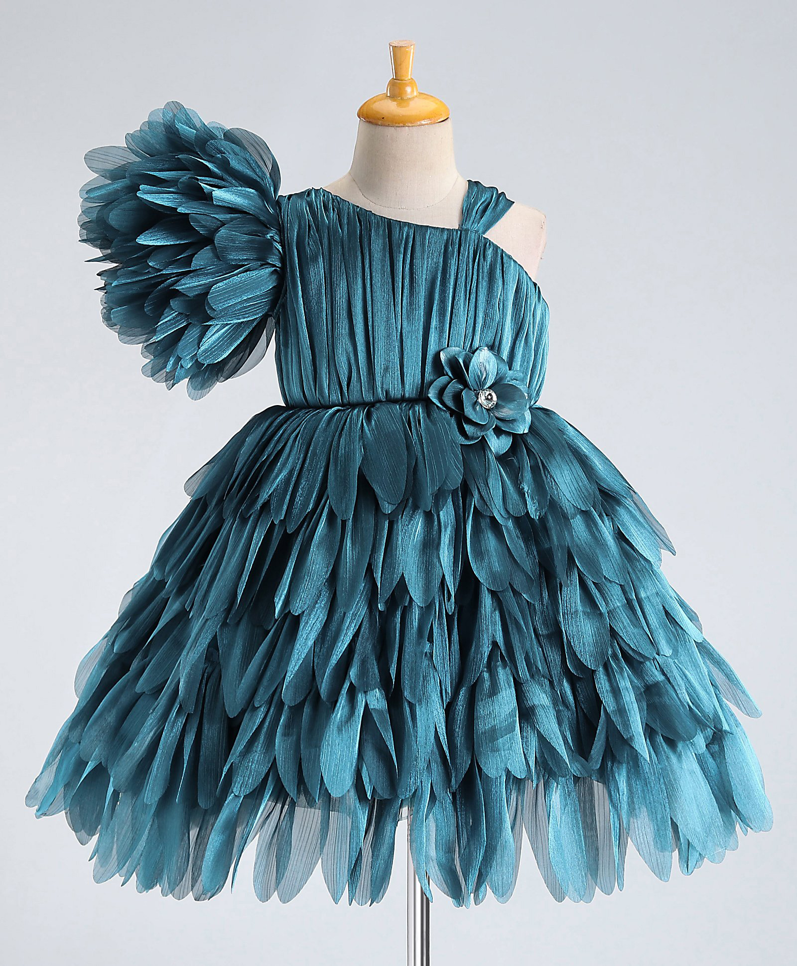Enfance Net Woven Sleeveless Layered Party Frock With Floral Applique - Teal Blue-picture-25