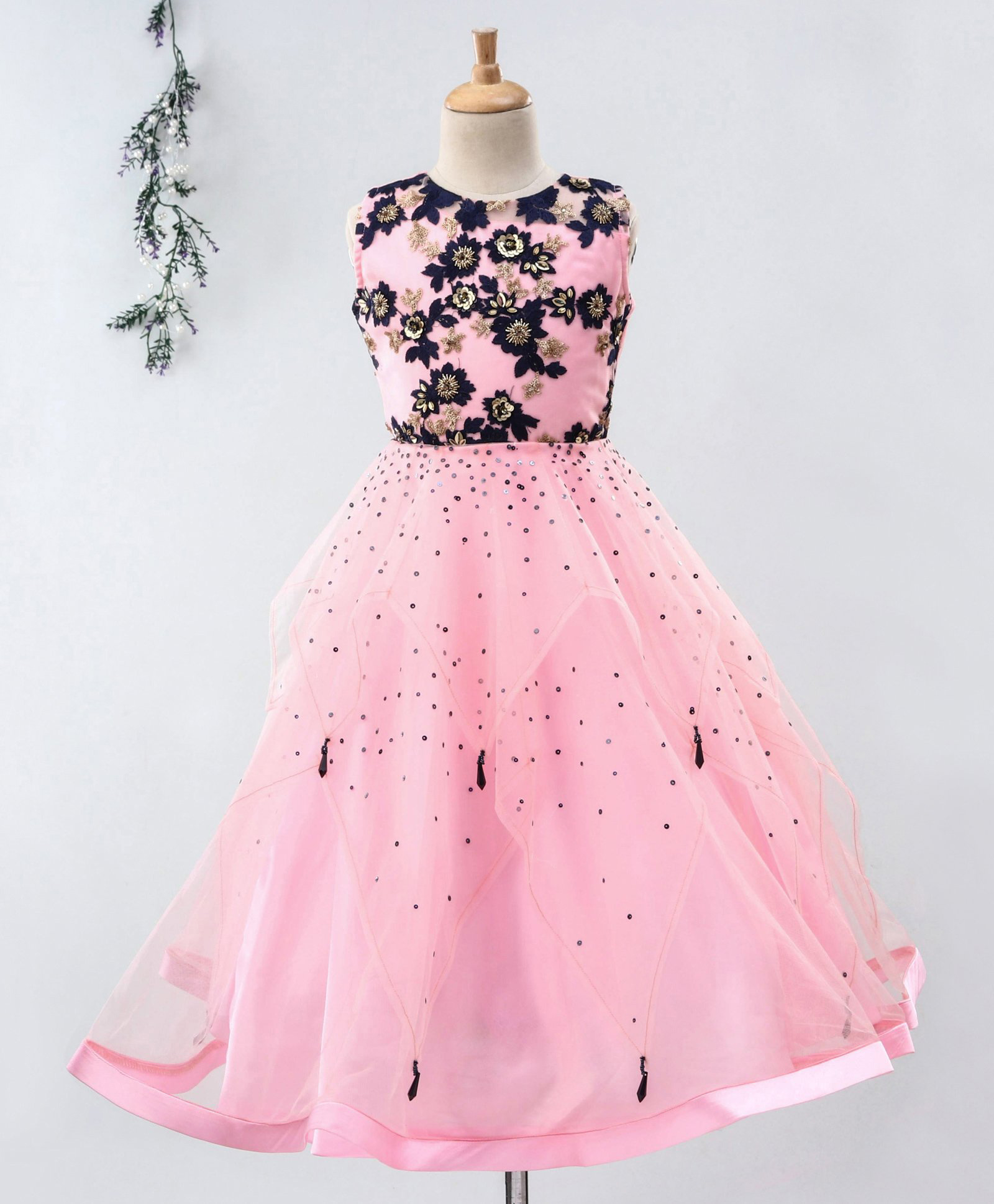 Enfance Net Woven Sleeveless Floral Embroidered & Sequinned Party Gown - Pink-image-46
