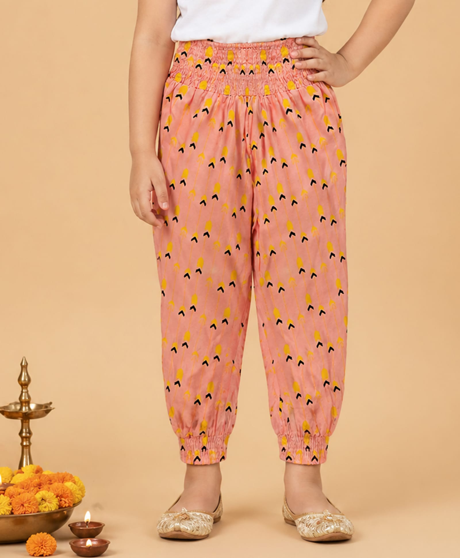 Kiddopanti Rayon Woven Abstract Printed Smocked Harem Pants - Peach-image-37