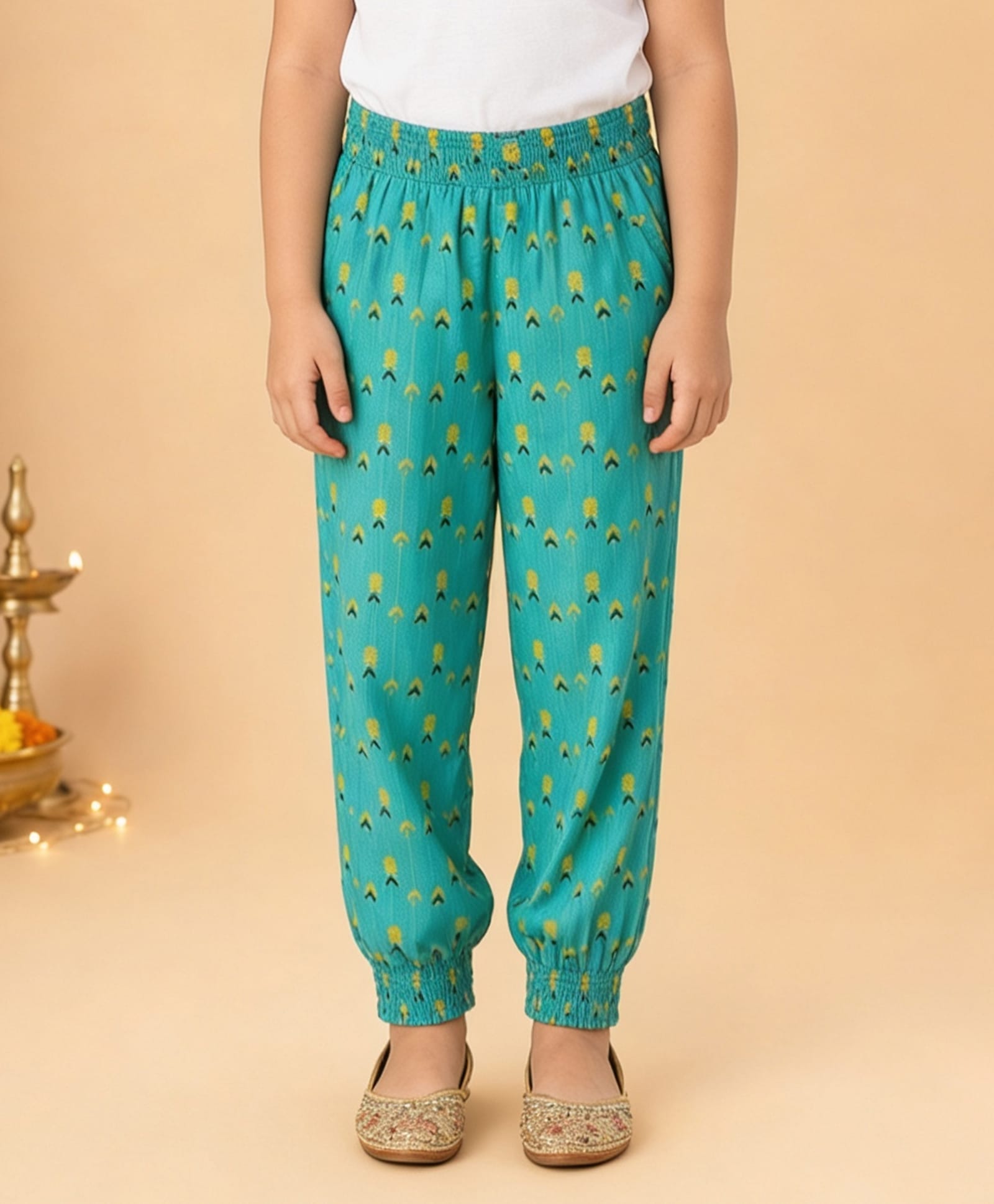 Kiddopanti Rayon Woven Abstract Printed Smocked Harem Pants - Green-image-30