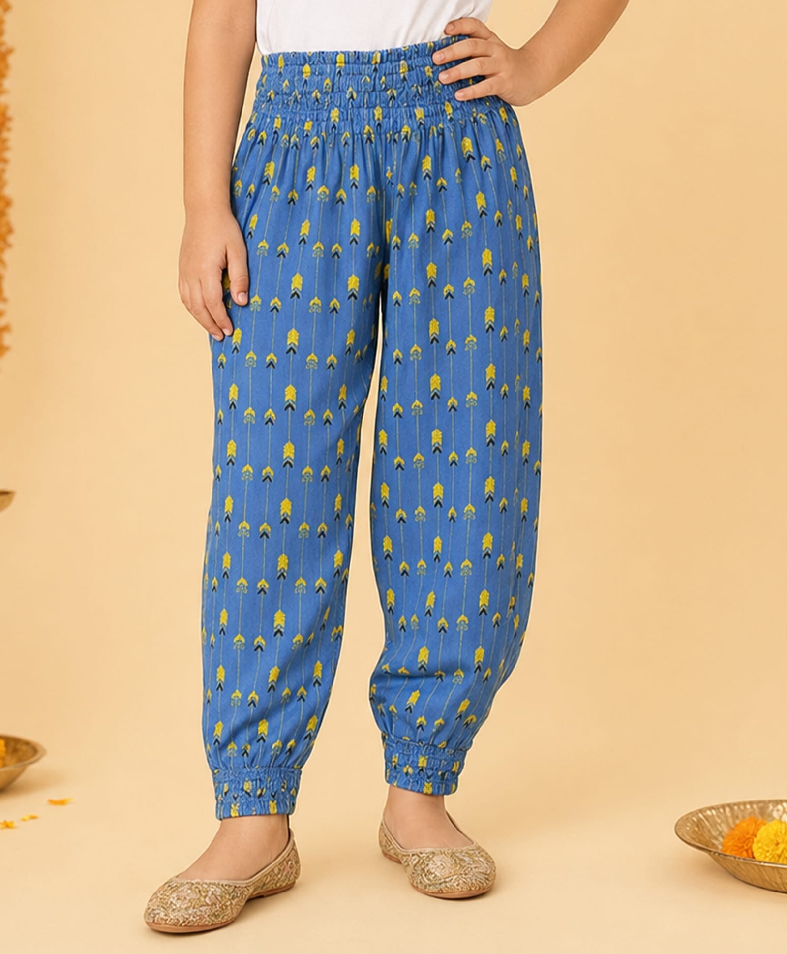 Kiddopanti Rayon Woven Abstract Printed Smocked Harem Pants - Royal Blue-image-29