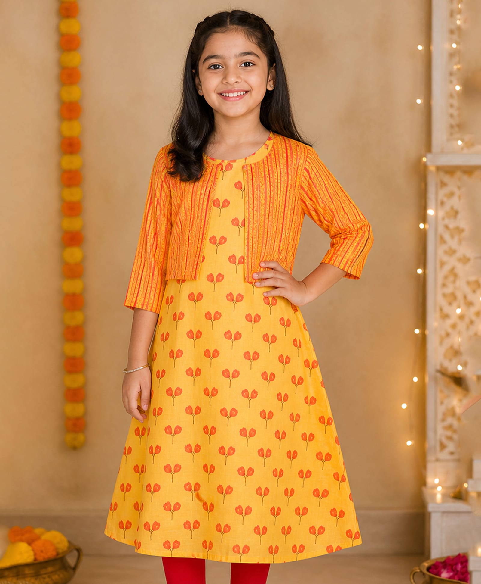 Kiddopanti Cotton Woven Sleeveless Floral Printed Kurti & Shrug - Mustard-image-49