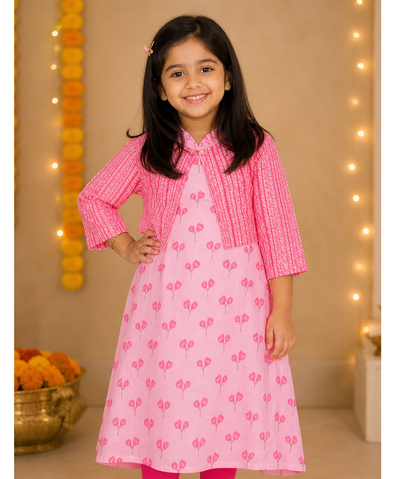 Kiddopanti Cotton Woven Sleeveless Floral Printed Kurti & Shrug - Pink-image-42