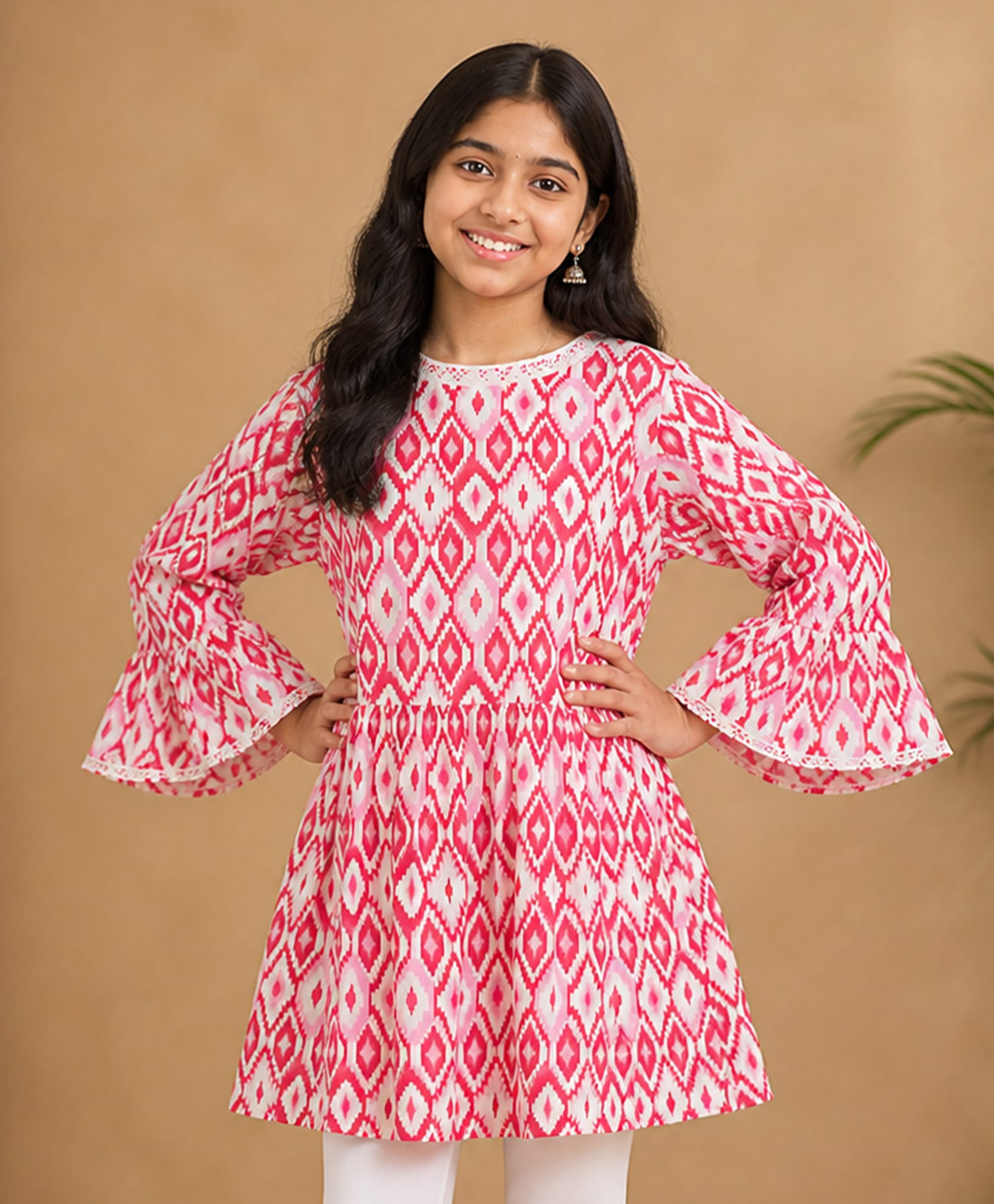 Kiddopanti Cotton Woven Full Bell Sleeves Abstract Printed Kurti - Red-image-49