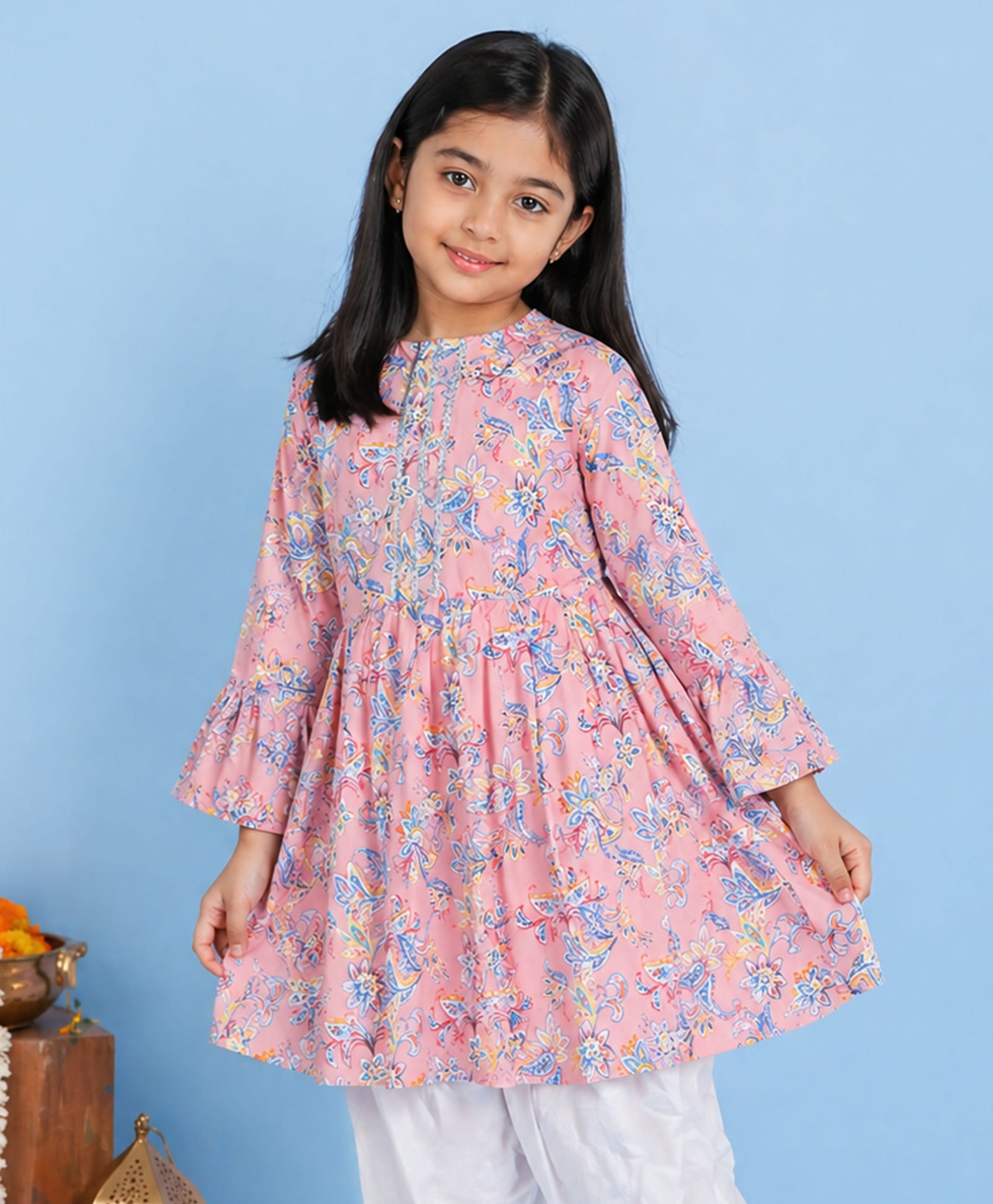 Kiddopanti Rayon Woven Full Bell Sleeves Floral Printed Kurti - Baby Pink-image-42
