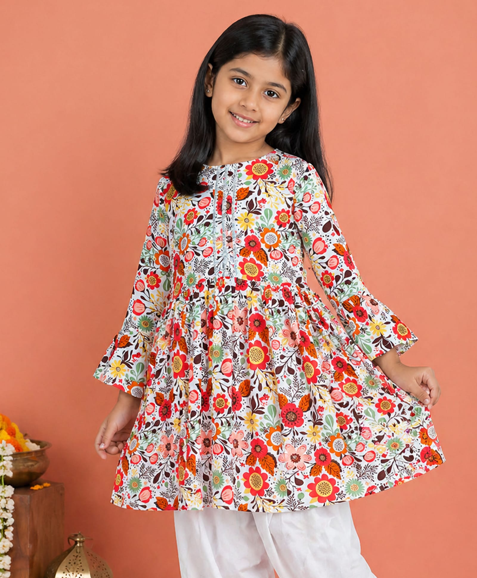 Kiddopanti Rayon Woven Full Sleeves Floral Printed Kurti - White & Orange-image-48