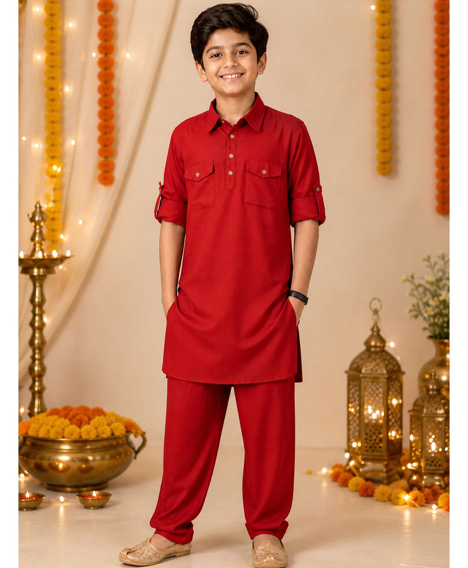 Kiddopanti Rayon Woven Full Sleeves Solid Pathani Kurta & Pyjama Set - Maroon-image-27