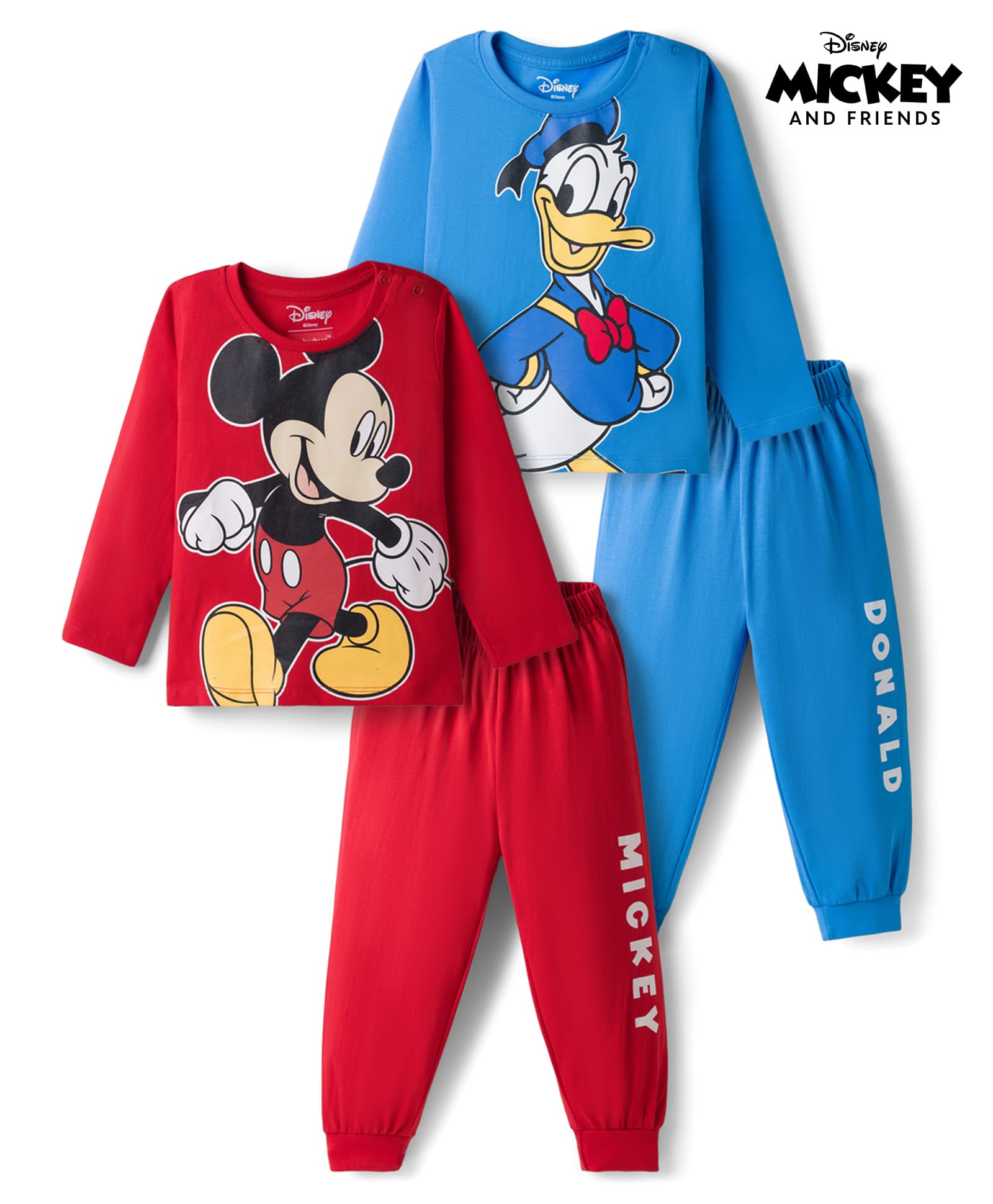 Babyhug Disney 100% Cotton Knit Full Sleeves T-Shirt & Pyjama Night Suits With Mickey Mouse & Donald Duck Graphics Pack Of 2 - Red & Blue-image-34