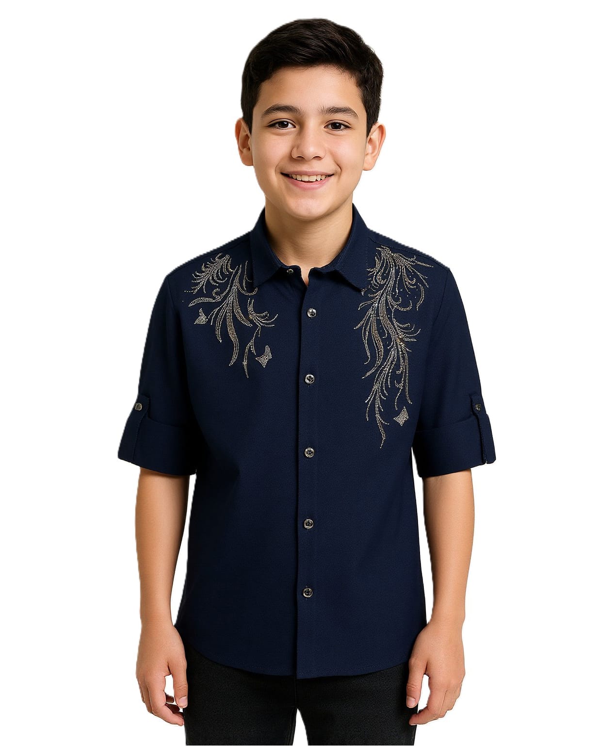 Charchit Cotton Blend Woven Full Sleeves Stones Embellished Shirt - Blue-image-14
