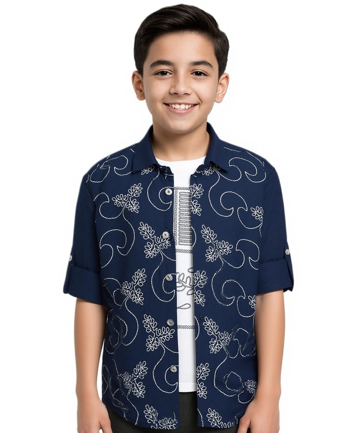 Charchit Cotton Blend Woven Full Sleeves Leaves Embroidered Shirt With Tee - Navy Blue-image-13