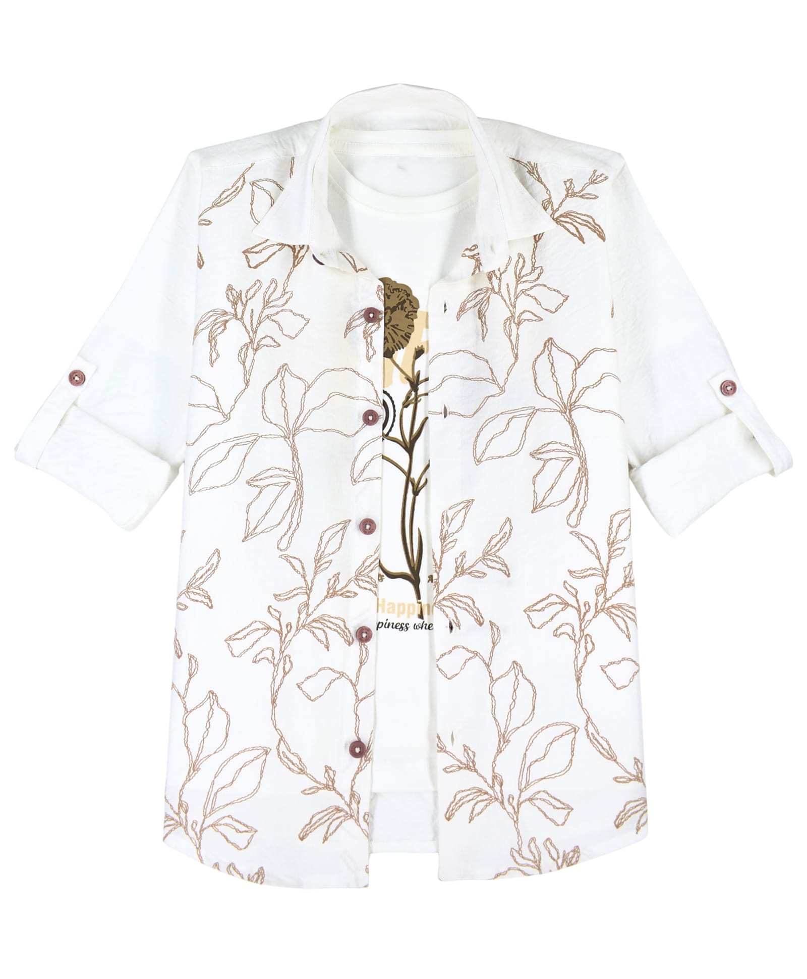 Charchit Cotton Blend Woven Full Sleeves Leaves Embroidered Shirt With Tee - White-image-12