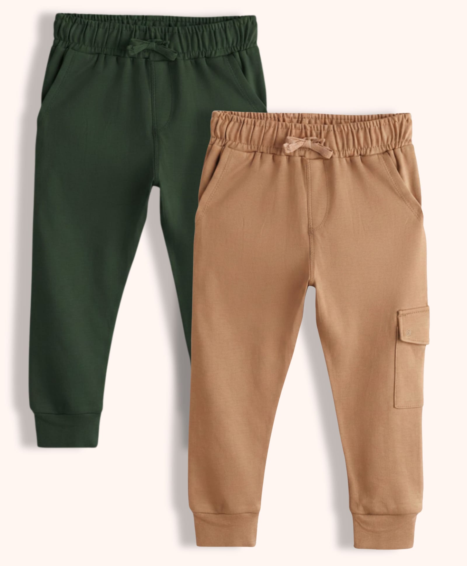 Orange Sugar 100% Cotton Knit Pack Of 2 Solid Cargo Style Joggers - Dark Olive & Light Brown-image-45