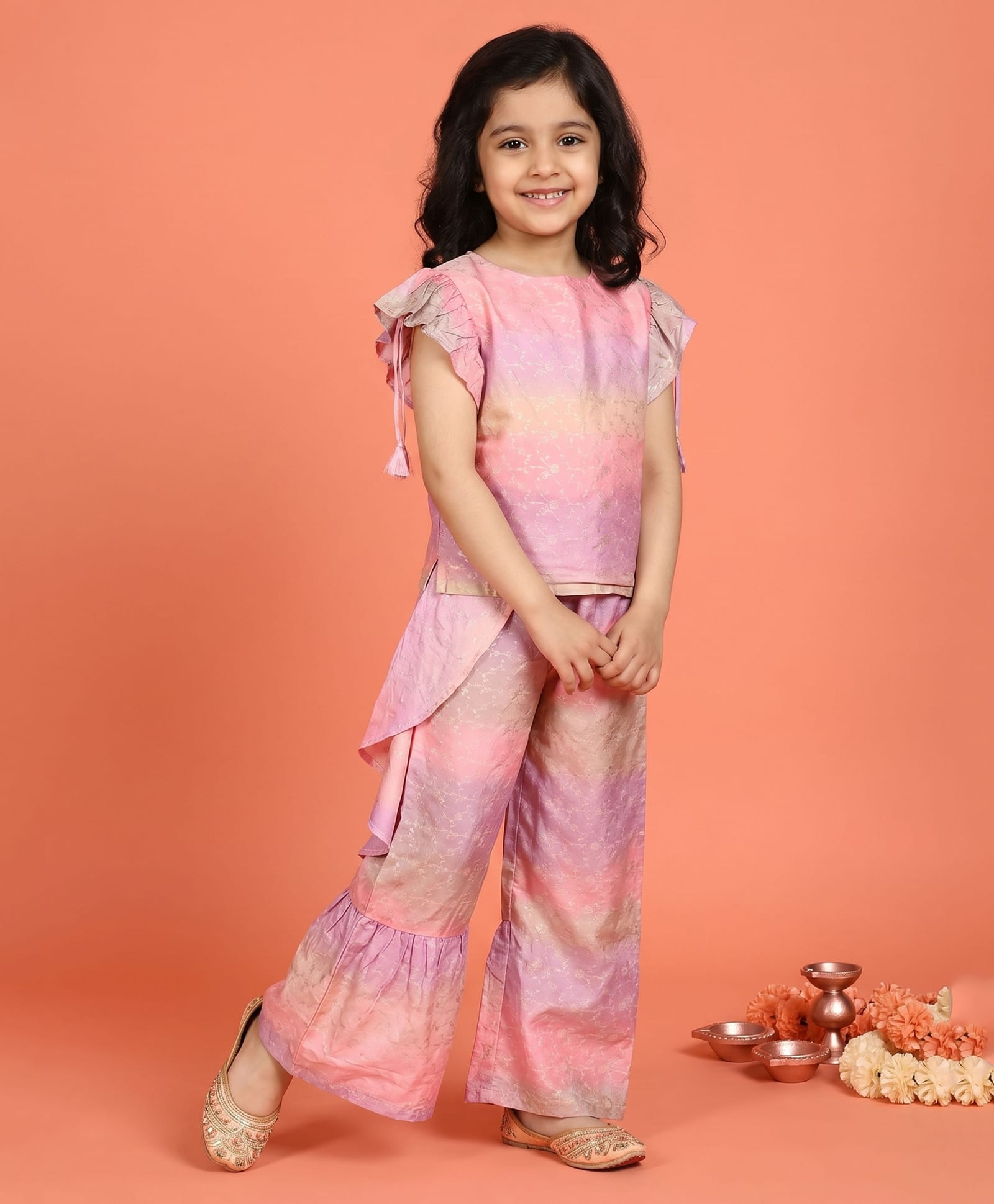 Kiddopanti Woven Frill Sleeves Floral Embroidered Top & Palazzo Set - Pink & Lavender-image-40