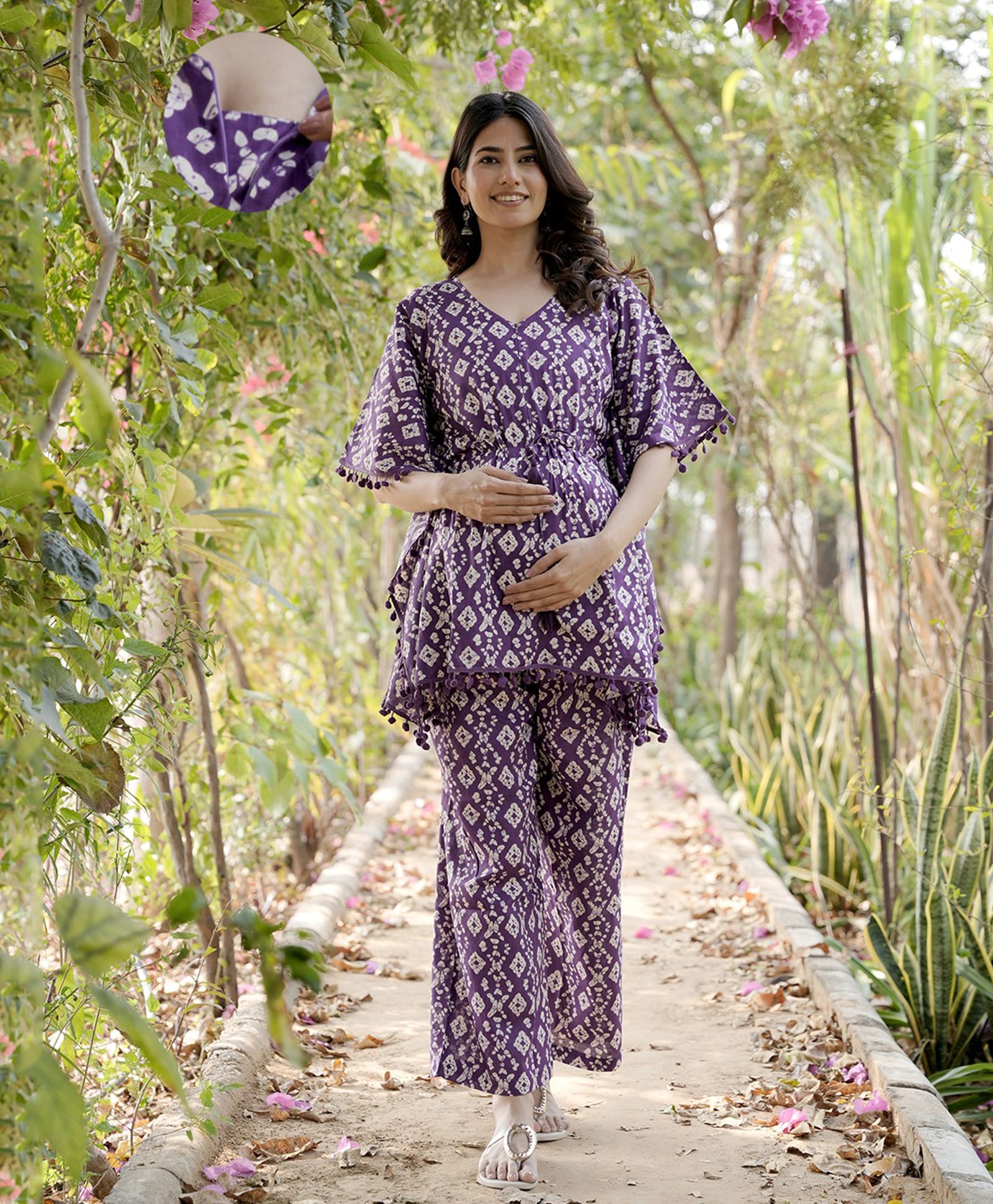 Aujjessa Cotton Woven Half Batwing Sleeves Geometric Printed & Lace Embellished Coordinating Maternity Kaftan Night Suit With Front Concealed Zipper Nursing Access - Purple-image-40
