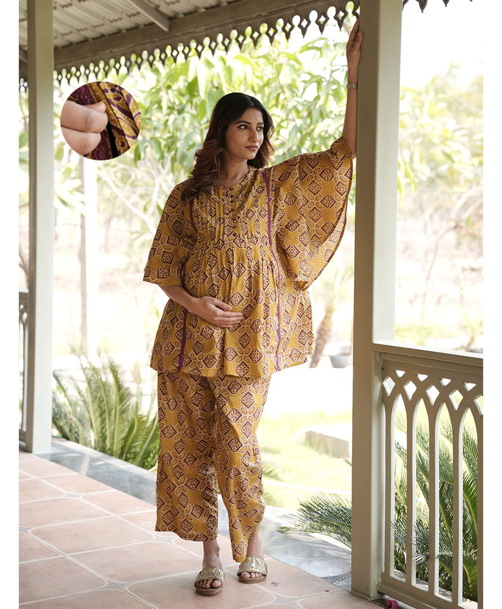 Aujjessa Cotton Woven Half Bell Sleeves Abstract Printed Coordinating Maternity Kaftan Night Suit With Side Zipper Nursing Access - Mustard-picture-13
