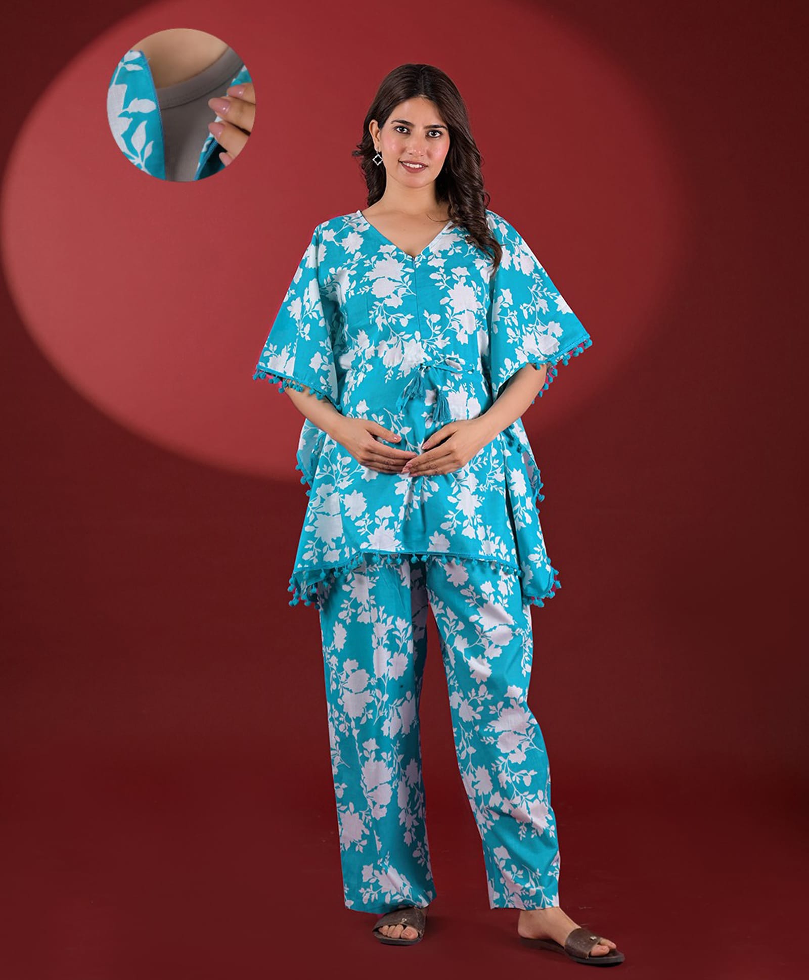 Aujjessa Cotton Woven Half Sleeves Floral Printed Coordinating Maternity Kaftan Night Suit With Front Zipper Nursing Access - Turquoise & White-image-45