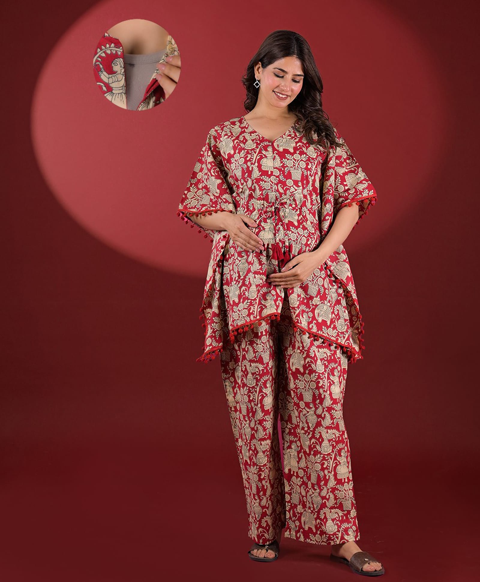 Aujjessa Cotton Woven Half Sleeves Ethnic Theme Printed Coordinating Maternity Kaftan Night Suit With Front Zipper Nursing Access - Coral-image-43