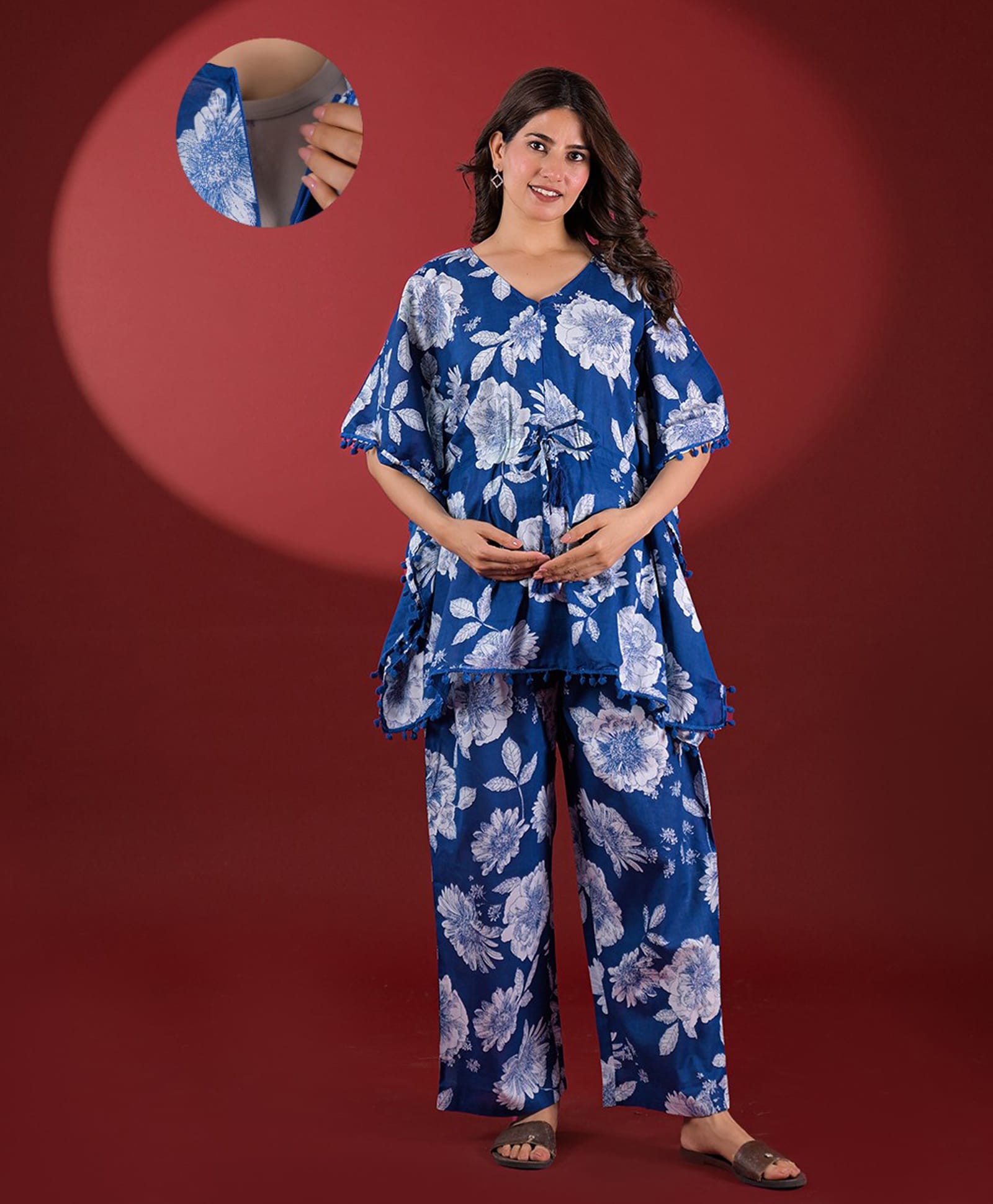 Aujjessa Cotton Woven Half Sleeves Floral Printed Coordinating Maternity Kaftan Night Suit With Front Zipper Nursing Access - Royal Blue-picture-23