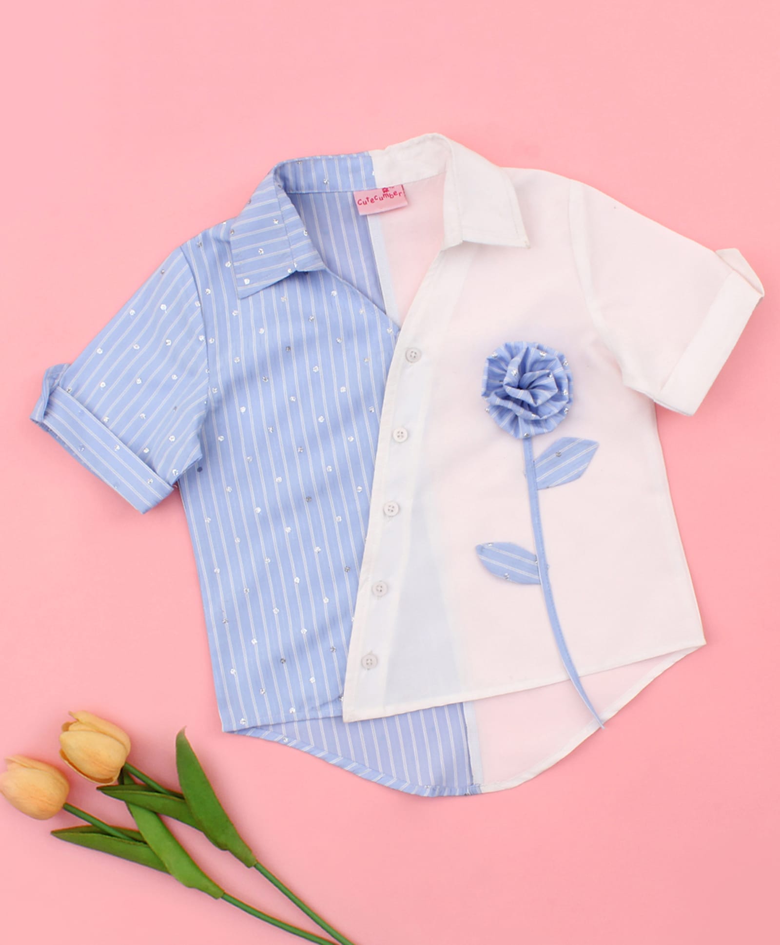 Cutecumber Cotton Woven Half Sleeves Floral Applique Detailed Striped Top - Blue-picture-11