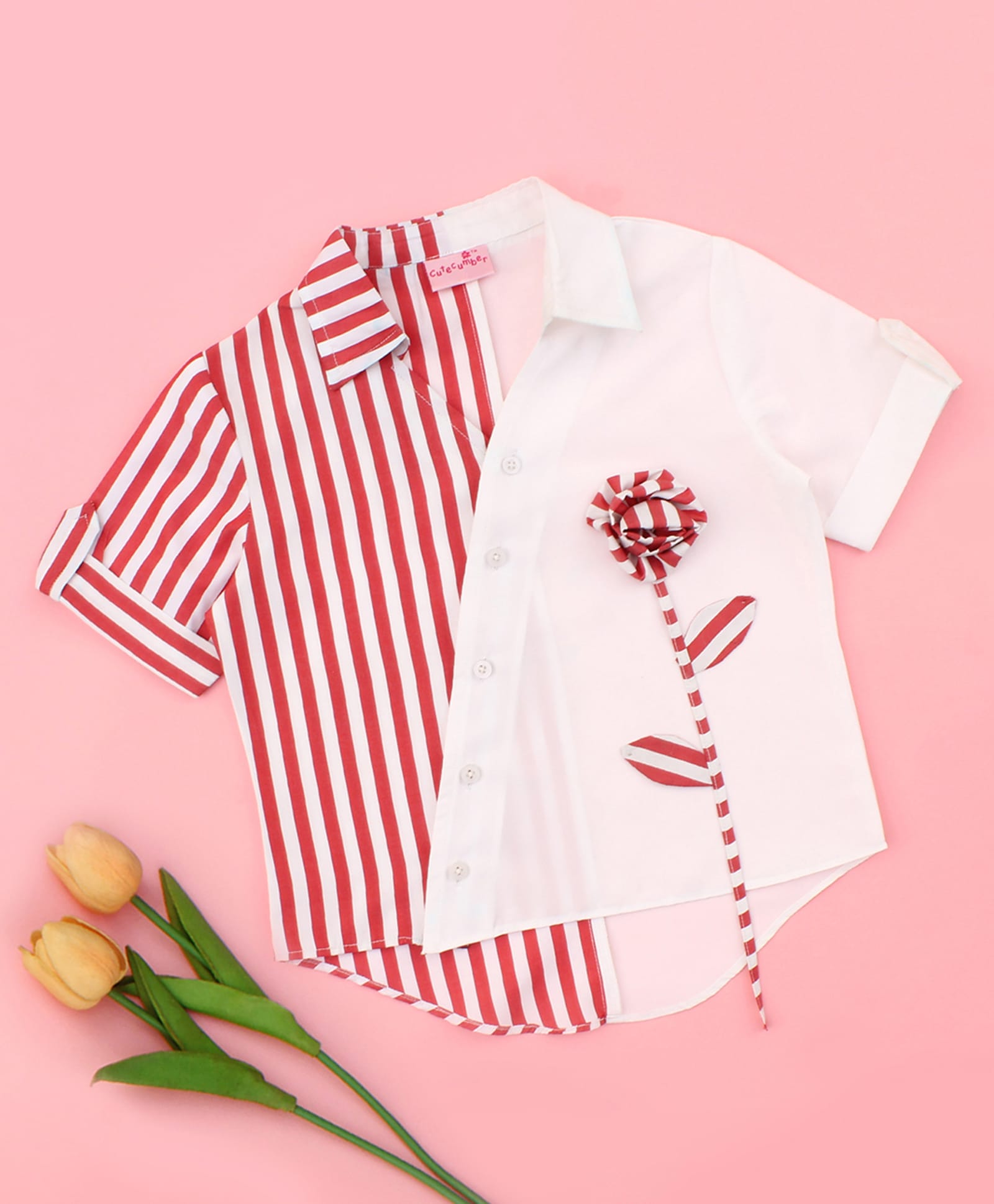 Cutecumber Cotton Woven Half Sleeves Floral Applique Detailed Striped Top - Maroon-picture-24