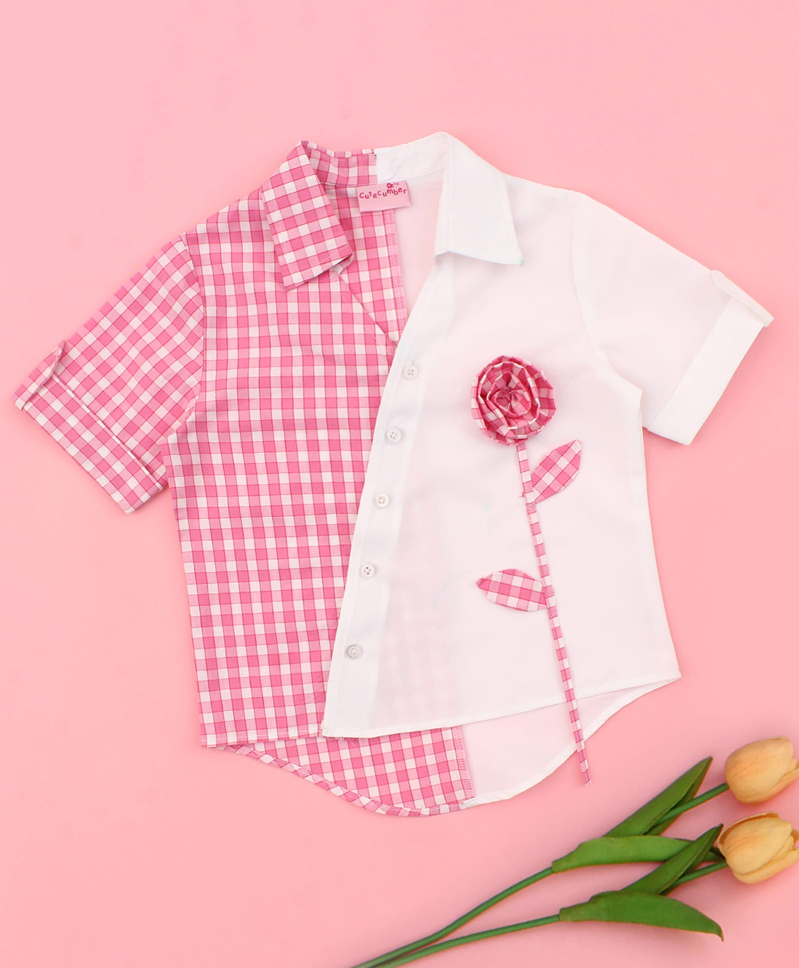 Cutecumber Cotton Woven Half Sleeves Floral Applique Detailed Checked Top - Pink-picture-22