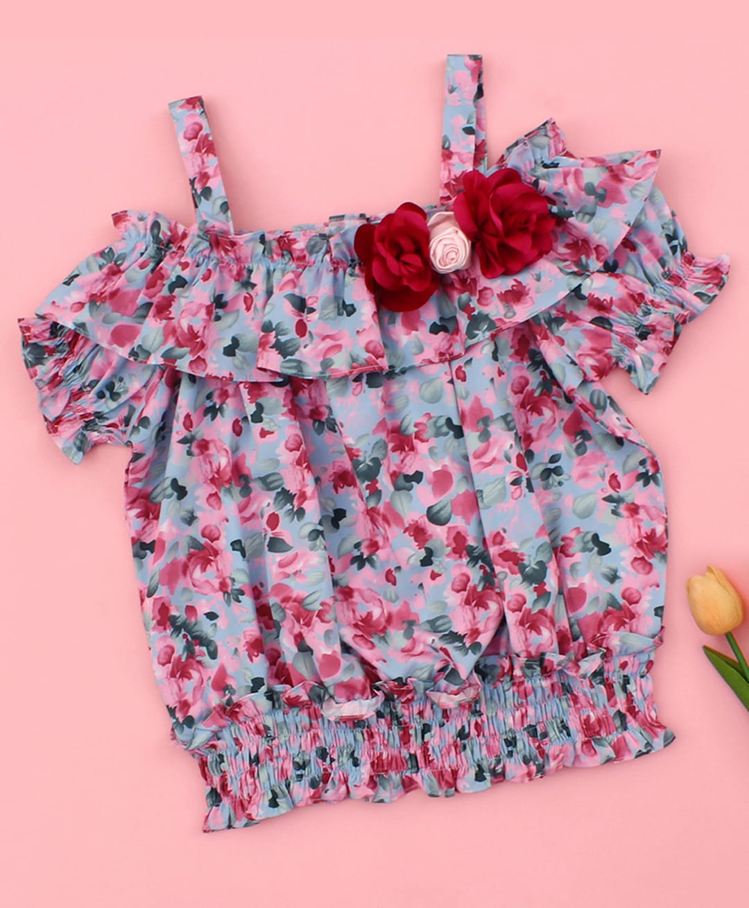 Cutecumber Woven Cold Shoulder Sleeves Floral Printed Top - Multi Colour-picture-22