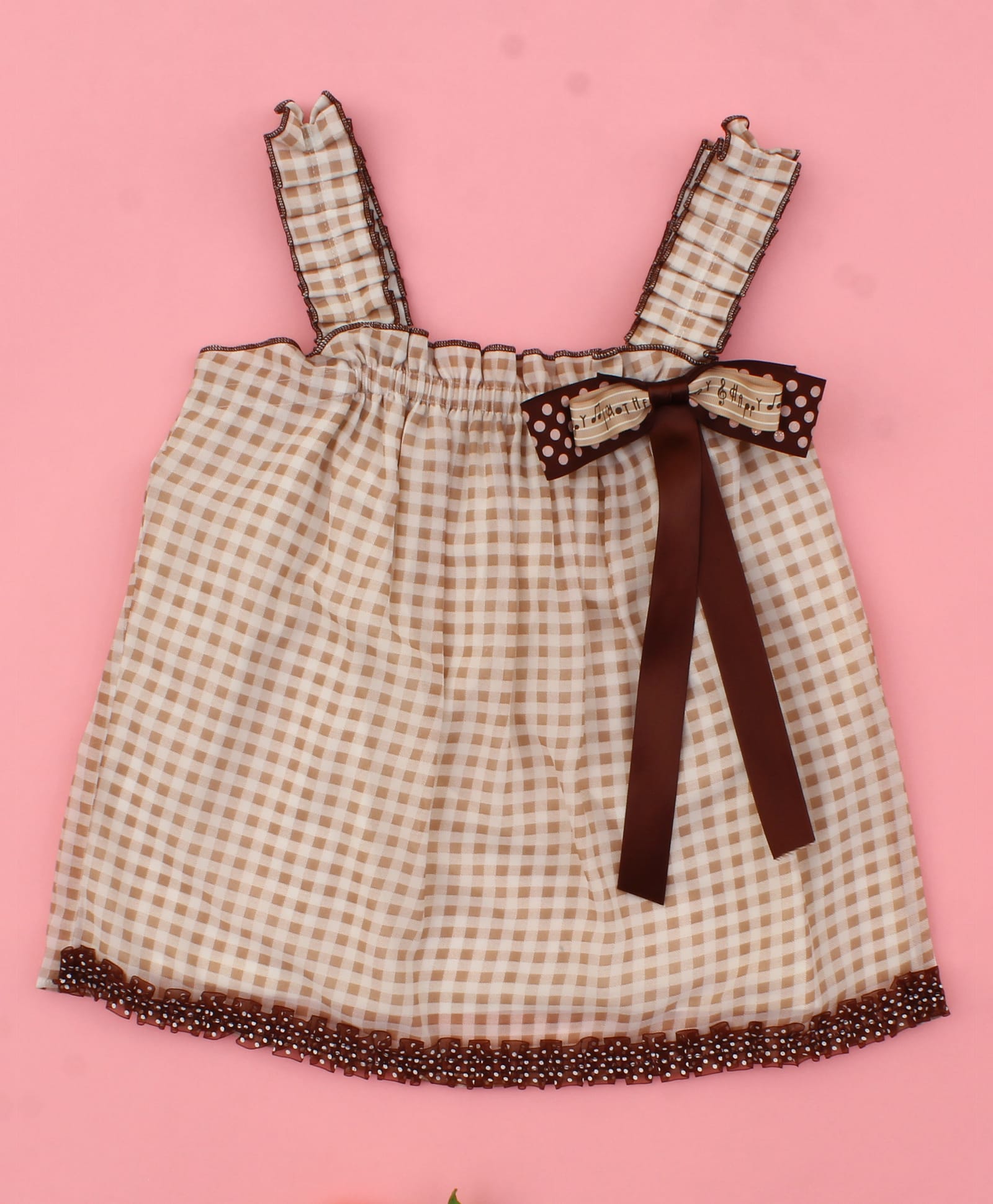 Cutecumber Cotton Blend Woven Sleeveless Checked & Bow Applique Detailed Top - Brown-image-25