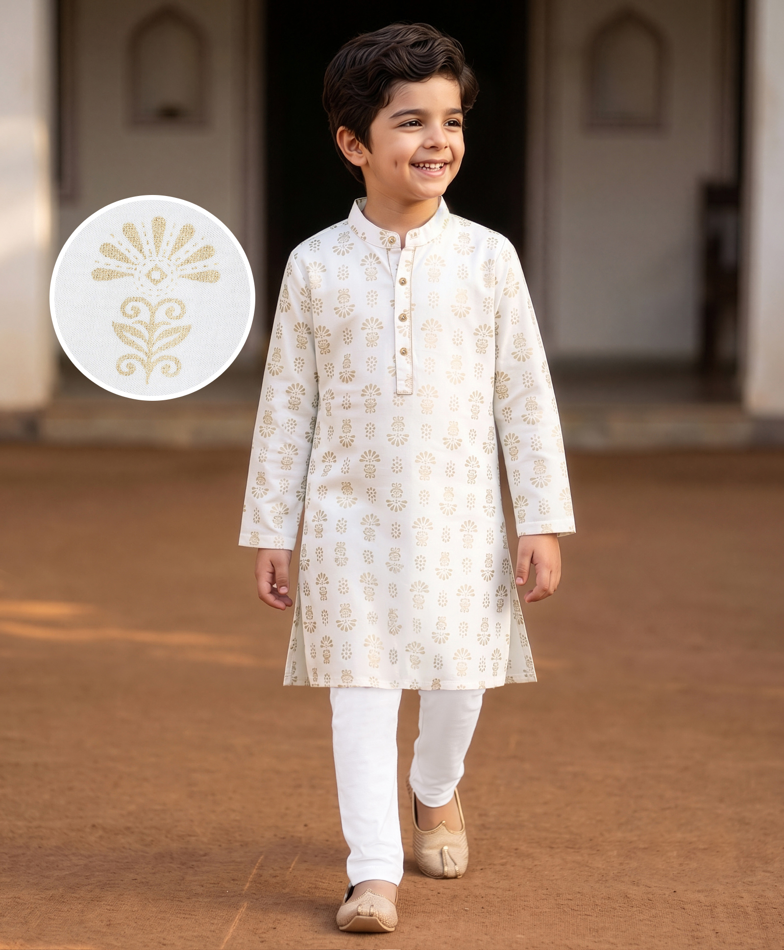EARTHY TOUCH Cotton Knit Full Sleeves Floral Foil Printed Kurta Pajama Set- White-image-26