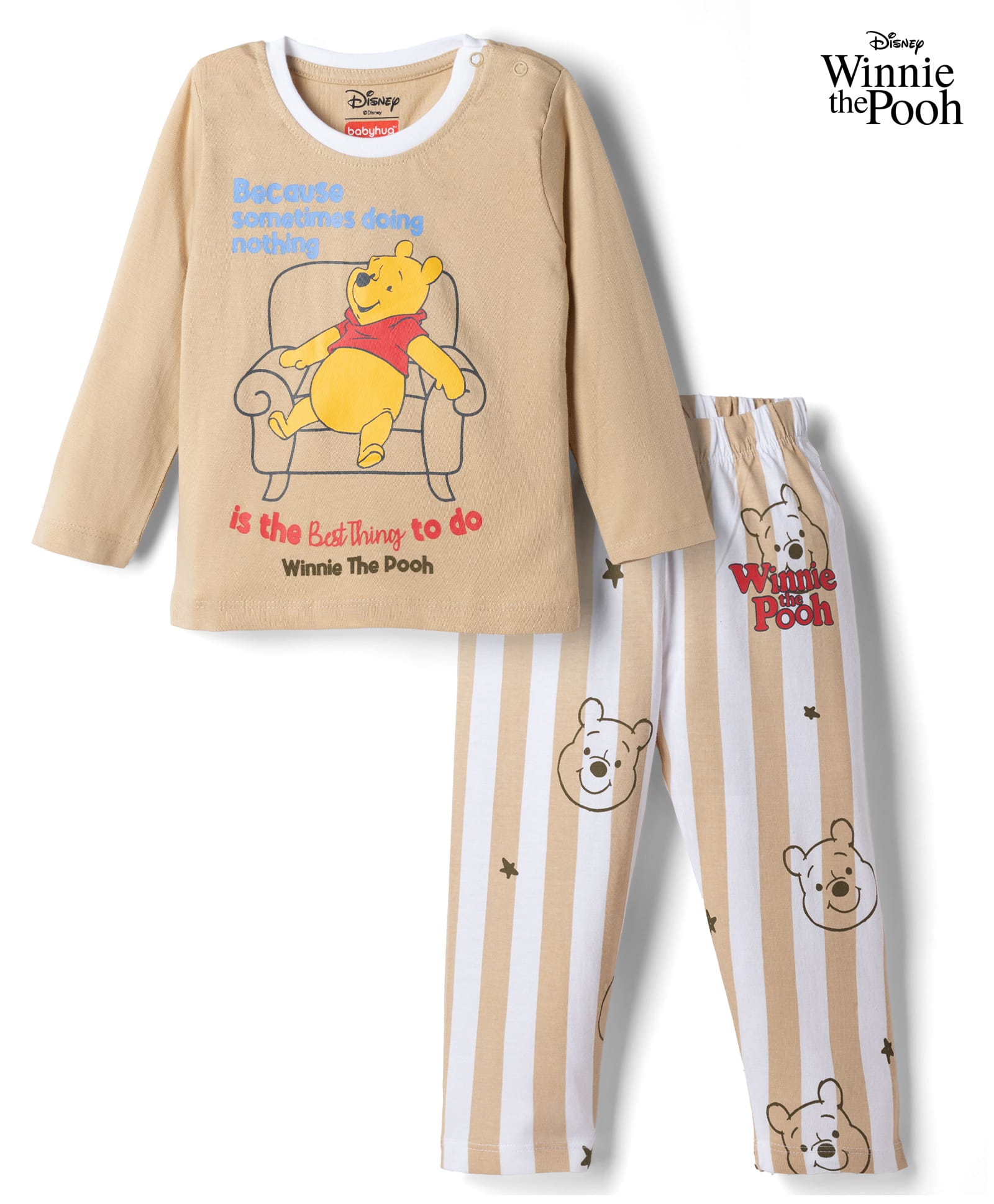 Babyhug Disney Single Jersey Knit Full Sleeves T-Shirt & Pyjama Night Suit Set With Winnie The Pooh Graphic & Text Print - Beige-picture-30