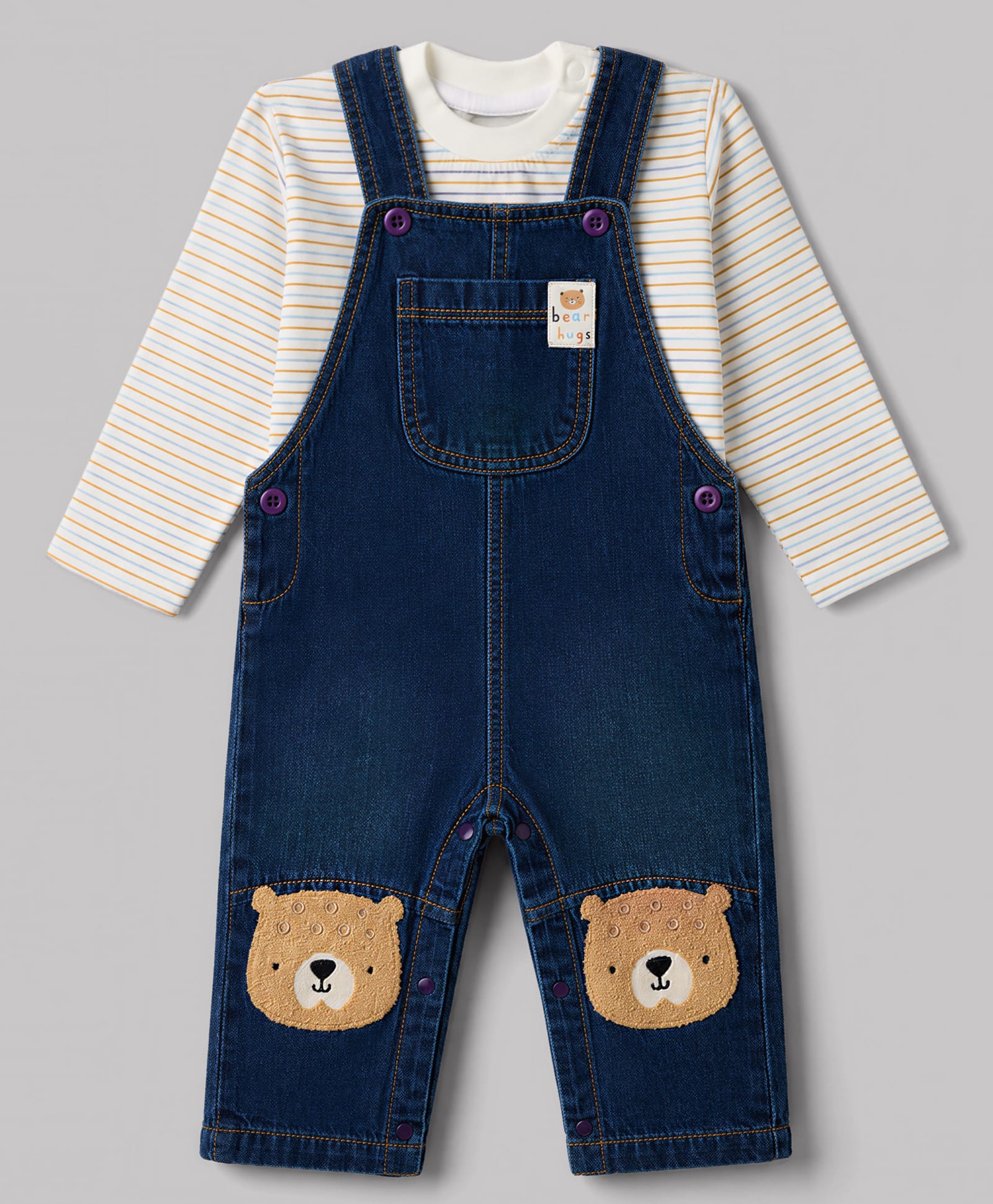 Little Kangaroos Knitted Full Sleeves Striped Dungaree With Bear Patch -Navy Blue-image-7