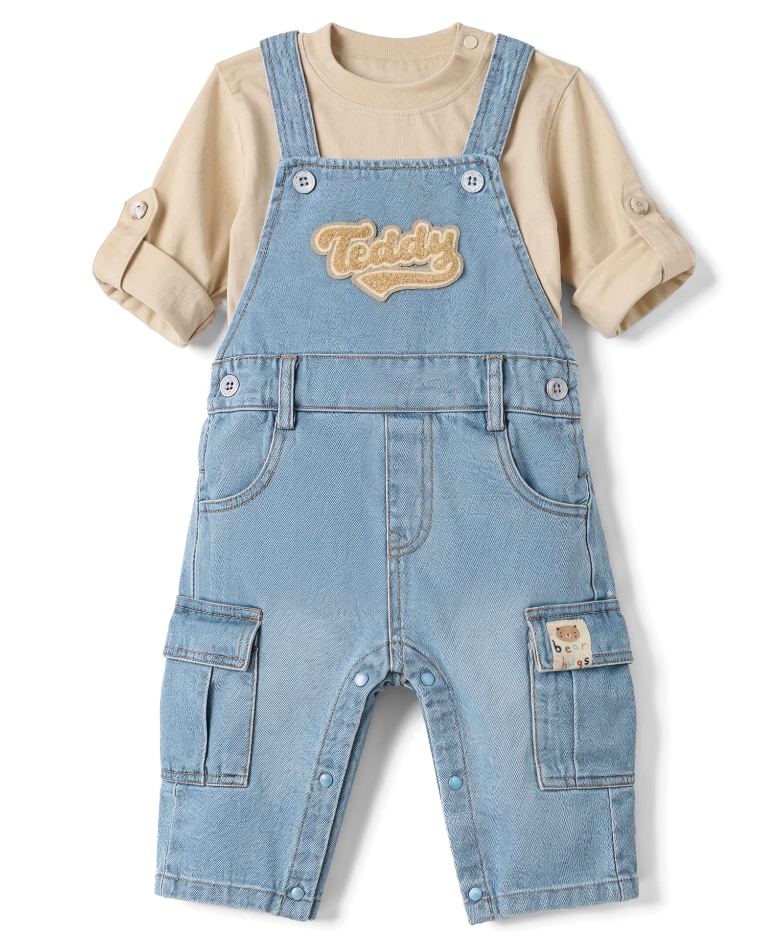 Little Kangaroos Knitted Full Sleeves Dungaree With Text Applique - Light Blue-image-20