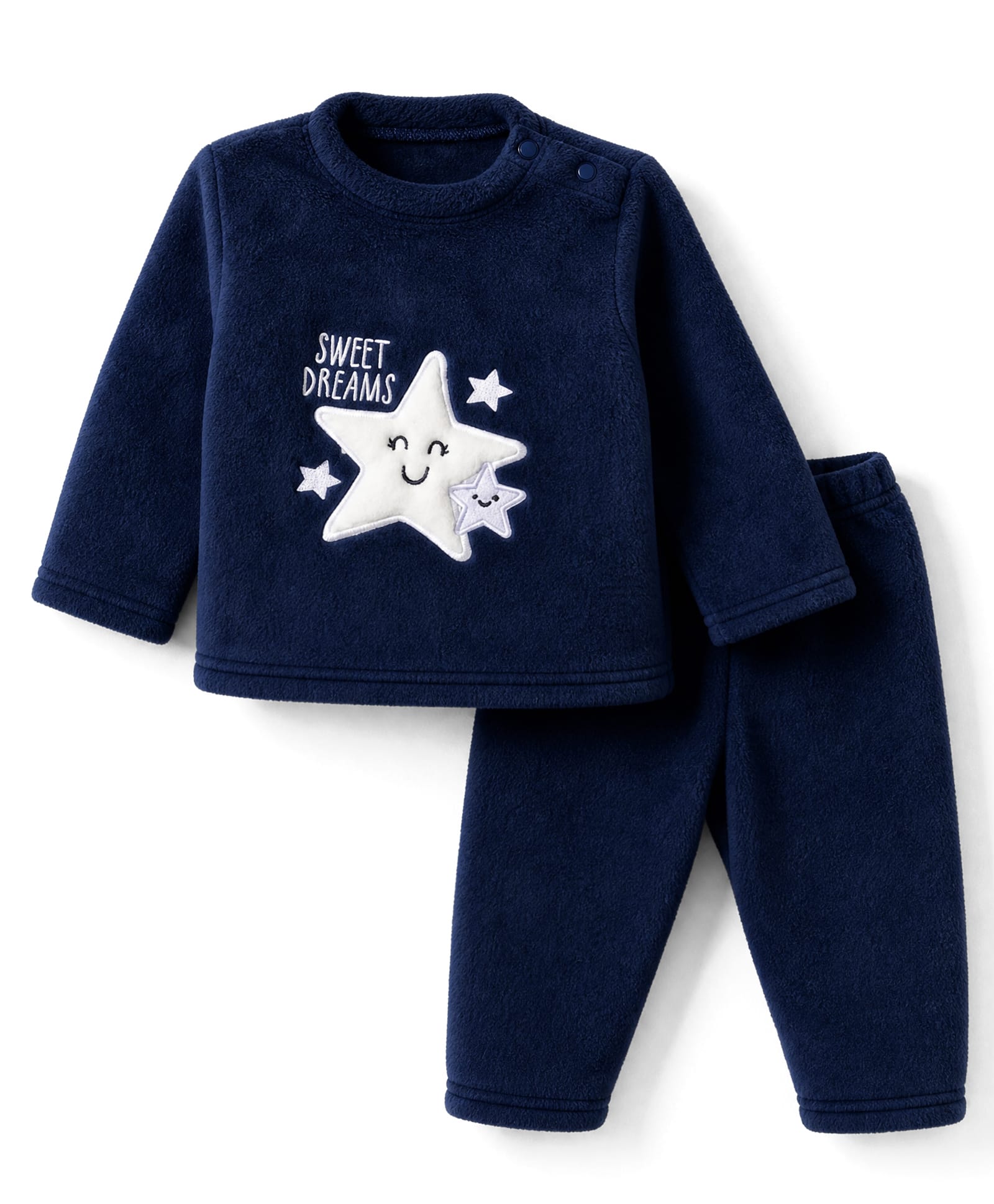 Babyhug Velour Knit Full Sleeves T-Shirt & Pyjama Winter Wear Night Suit with Star Patch - Navy Blue-image-8
