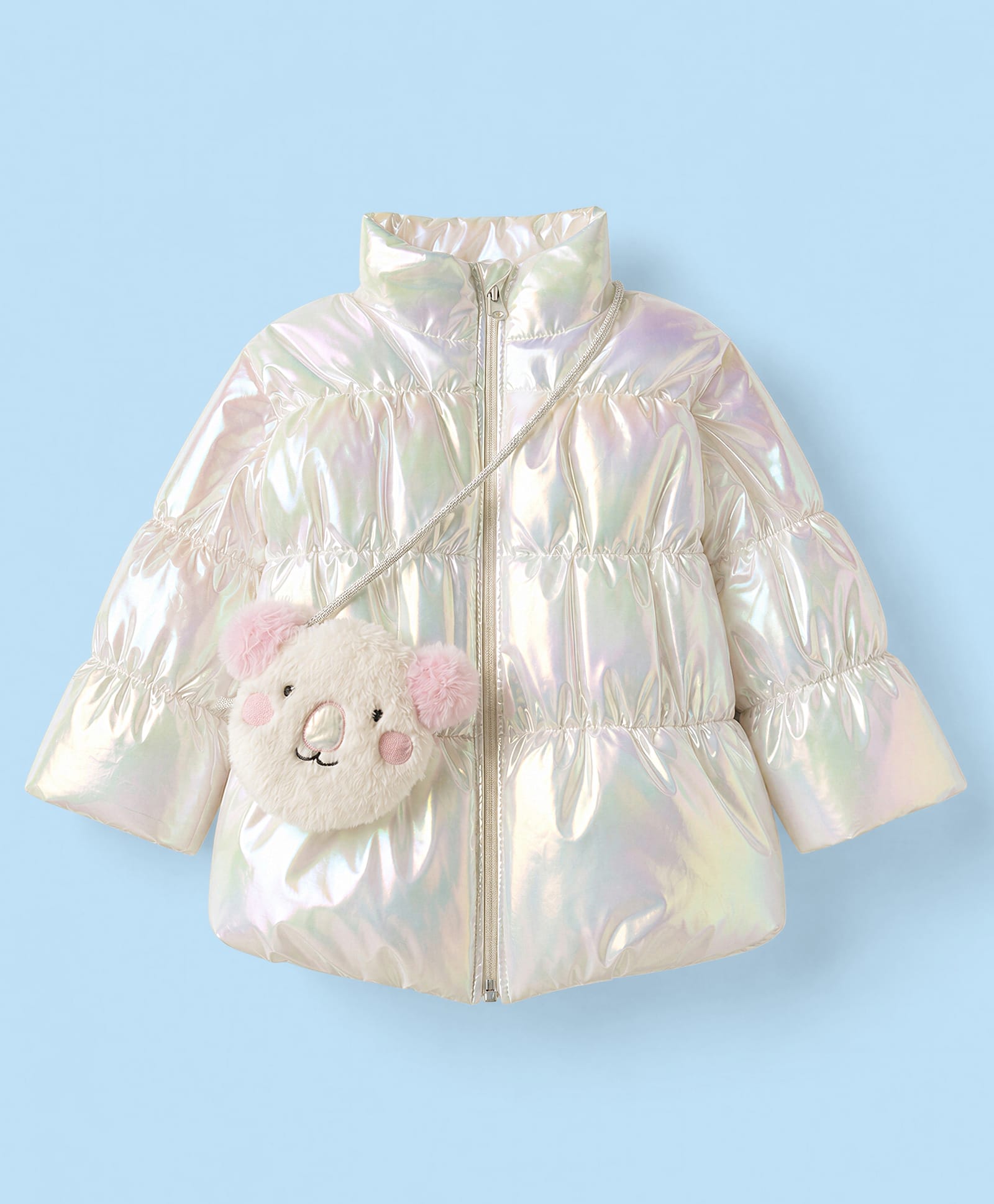 Little Kangaroos Taffeta Knit Full Sleeves Padded/ Winter Jacket With Holographic Effect and Sling Bag - White-image-17