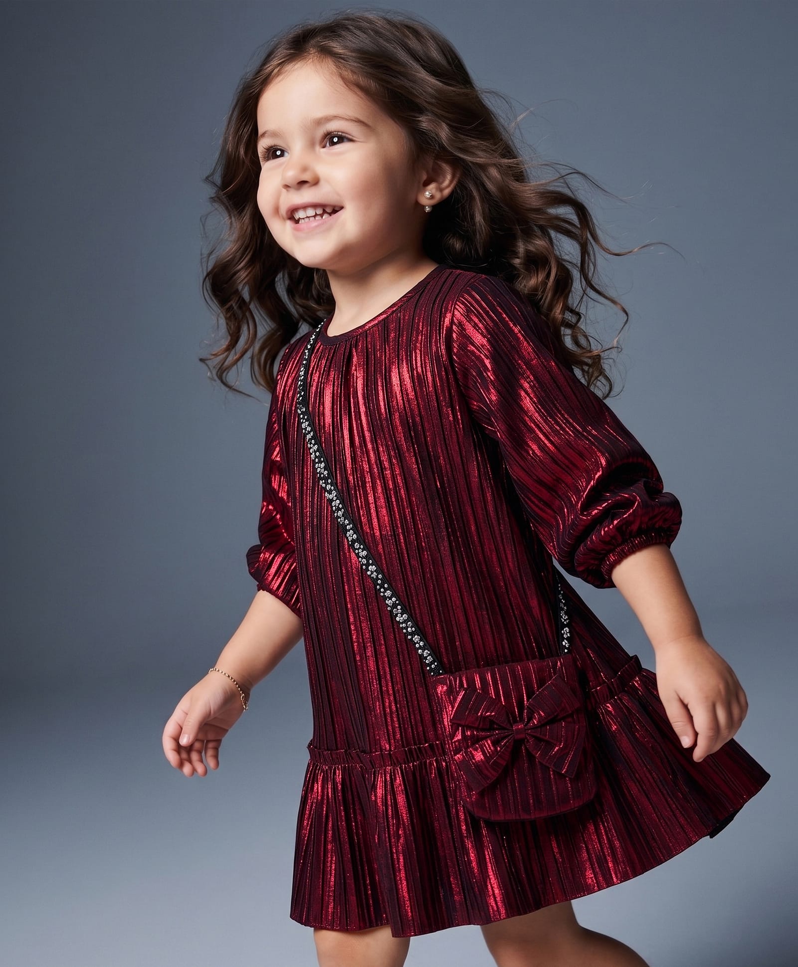 Little Kangaroos Woven Full Sleeves Solid Colour Drop Waist Party Dress with Sling Bag - Maroon-picture-22