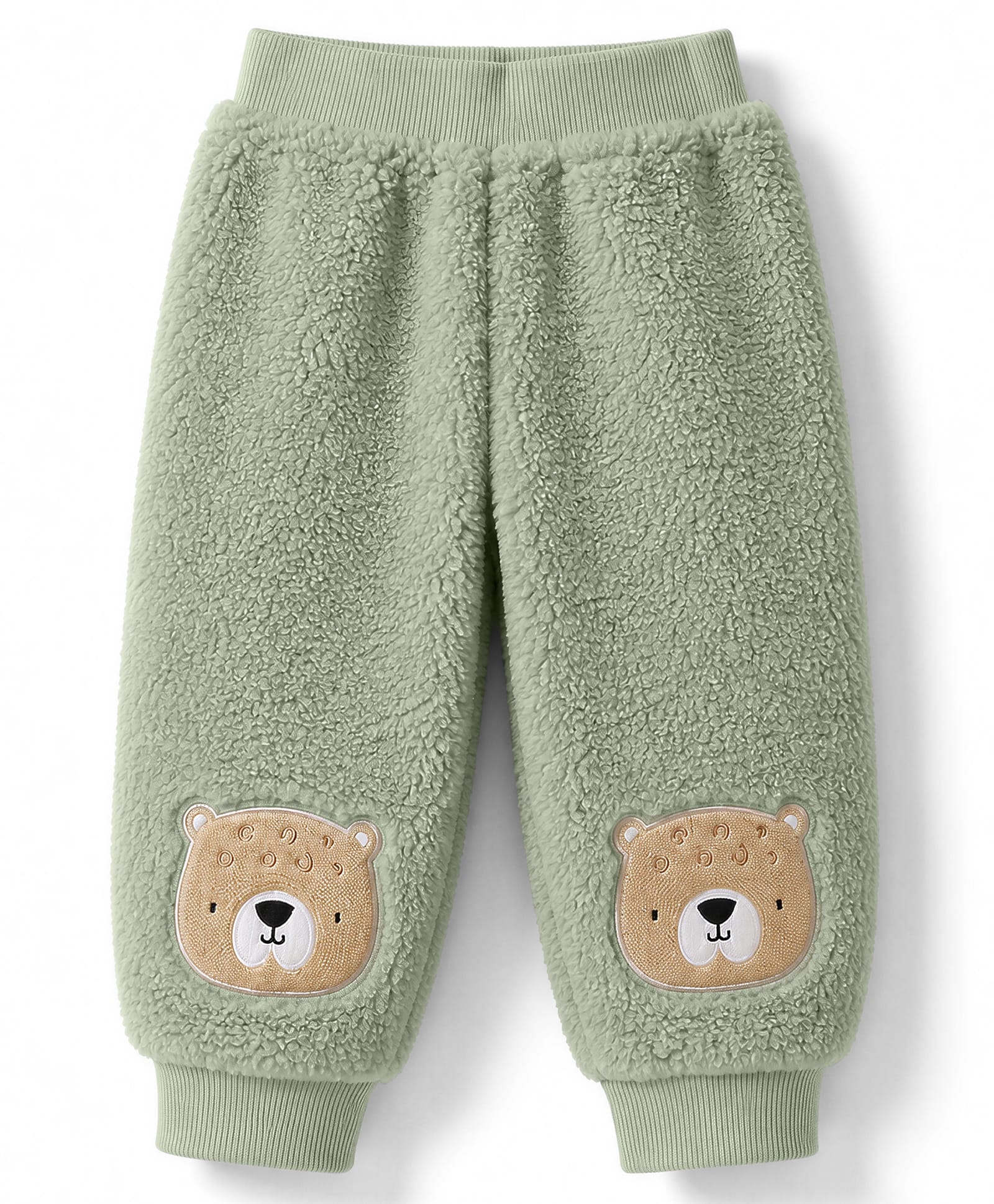 Little Kangaroos Fleece Knit Full Length Fleece & Woollen Pant With Bear Patch - Olive Green